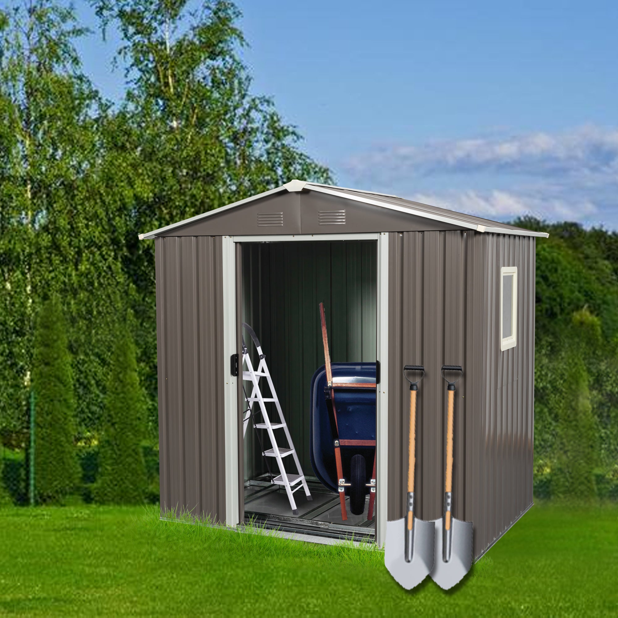 6ft x 5ft Outdoor Storage Shed for Garden with Window and Lockable Sliding Door- Gray_0