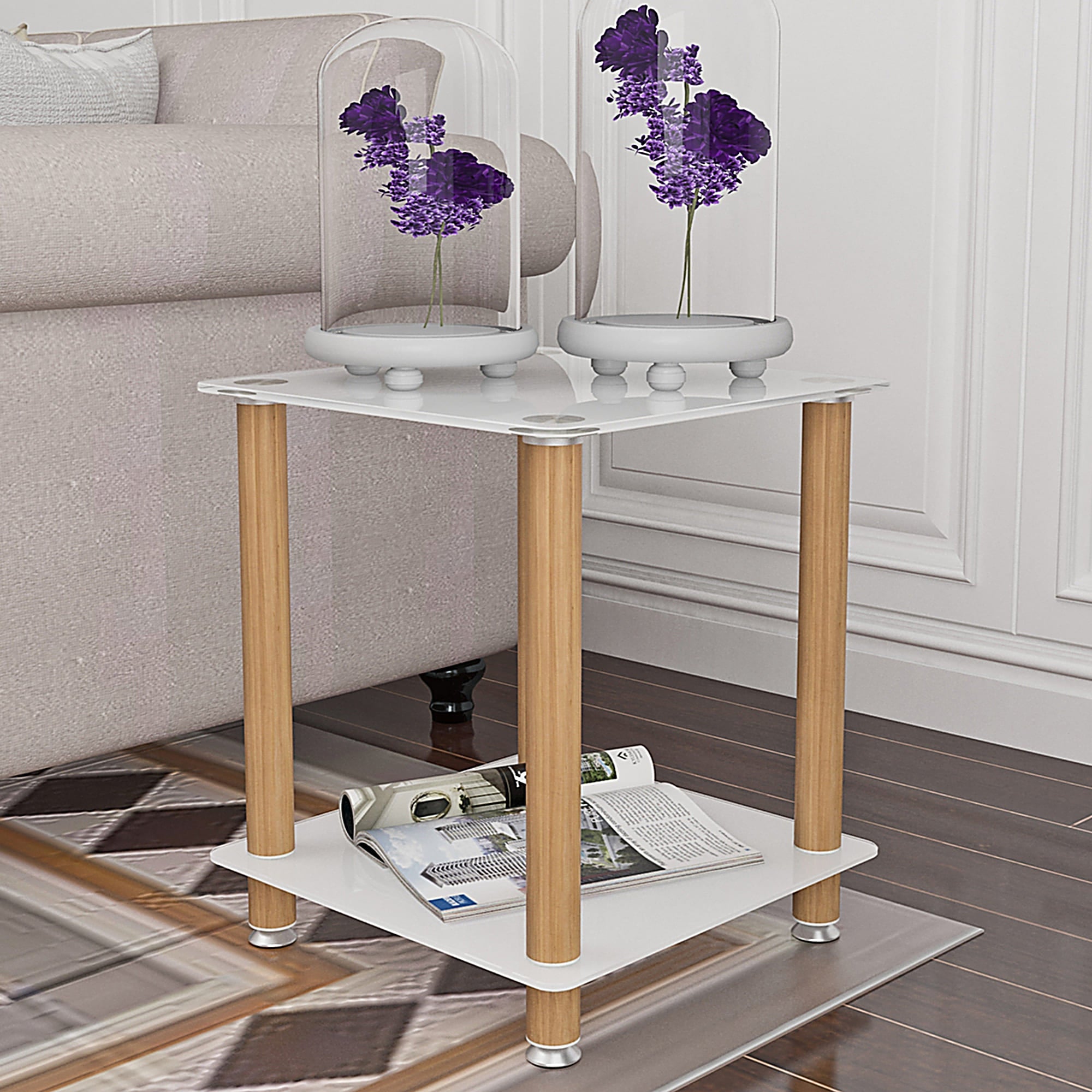 2 Tiers Space Saving End Table Modern Design Night Stand with Storage Shelve- White+Oak_0