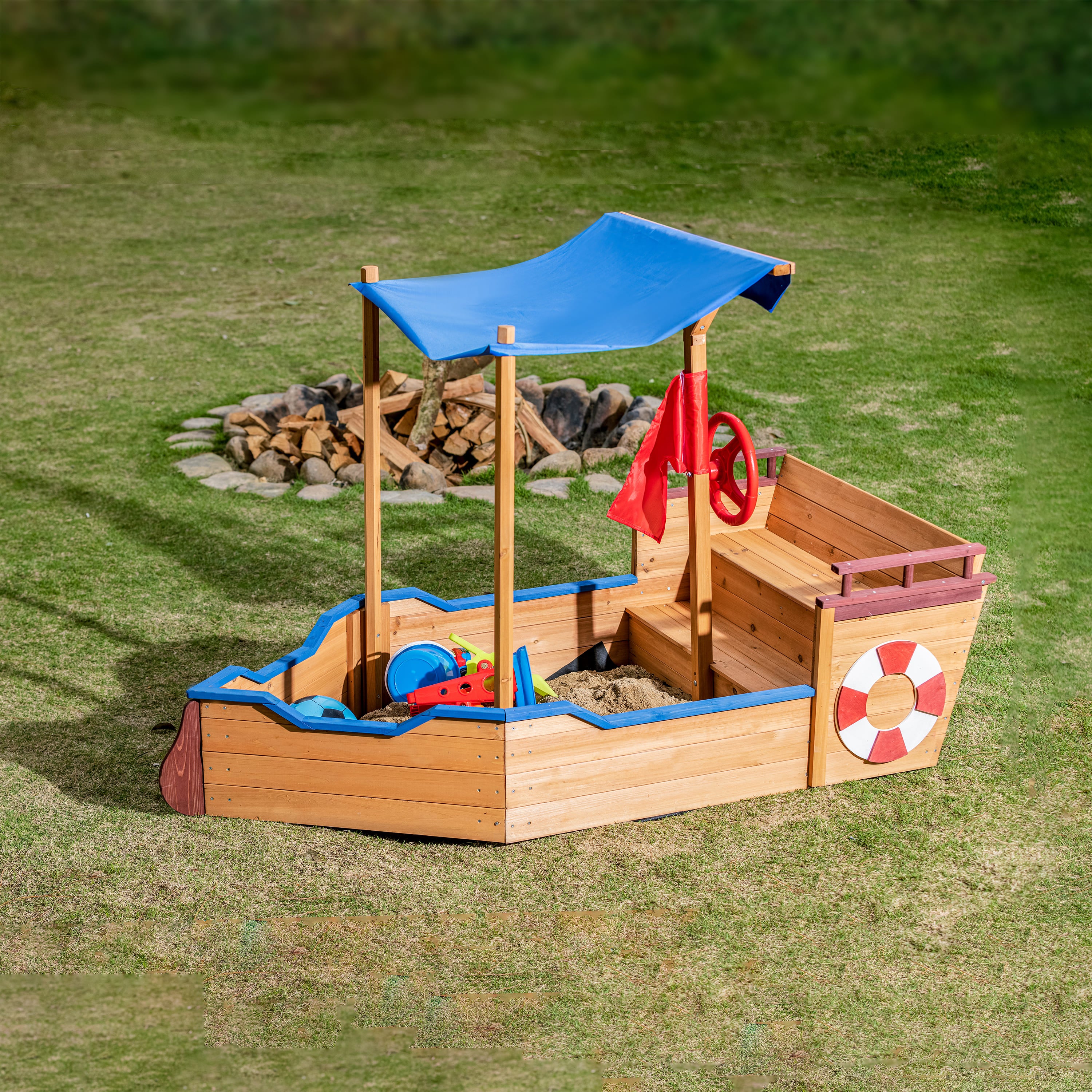 Wooden Sand Pit Sandbox Pirate Ship Sandboat Play Station with Canopy_0