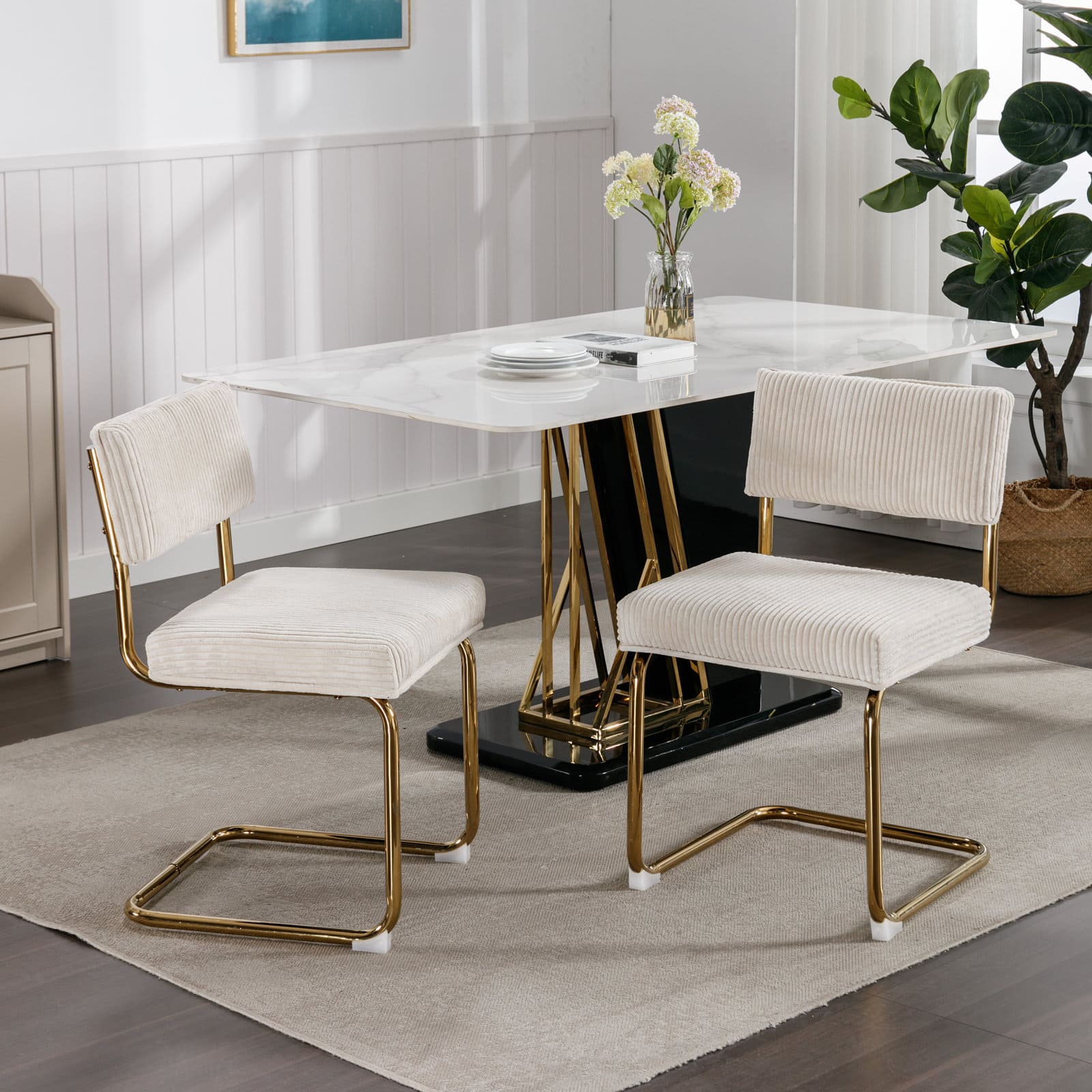 Set of 2 Modern Dining Chairs in Corduroy Fabric with Gold Metal Base- Beige_1