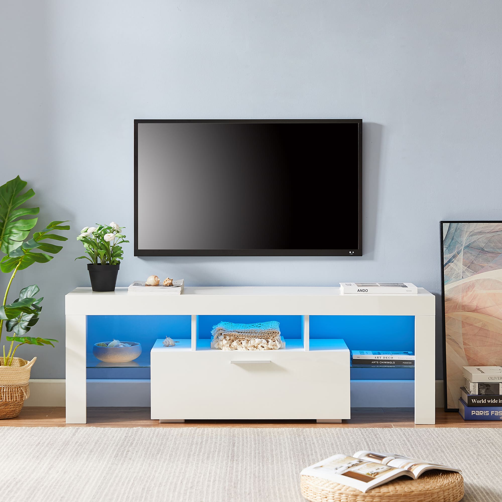 Modern TV Console Storage Media TV Organizing Cabinet Worktop- White_0