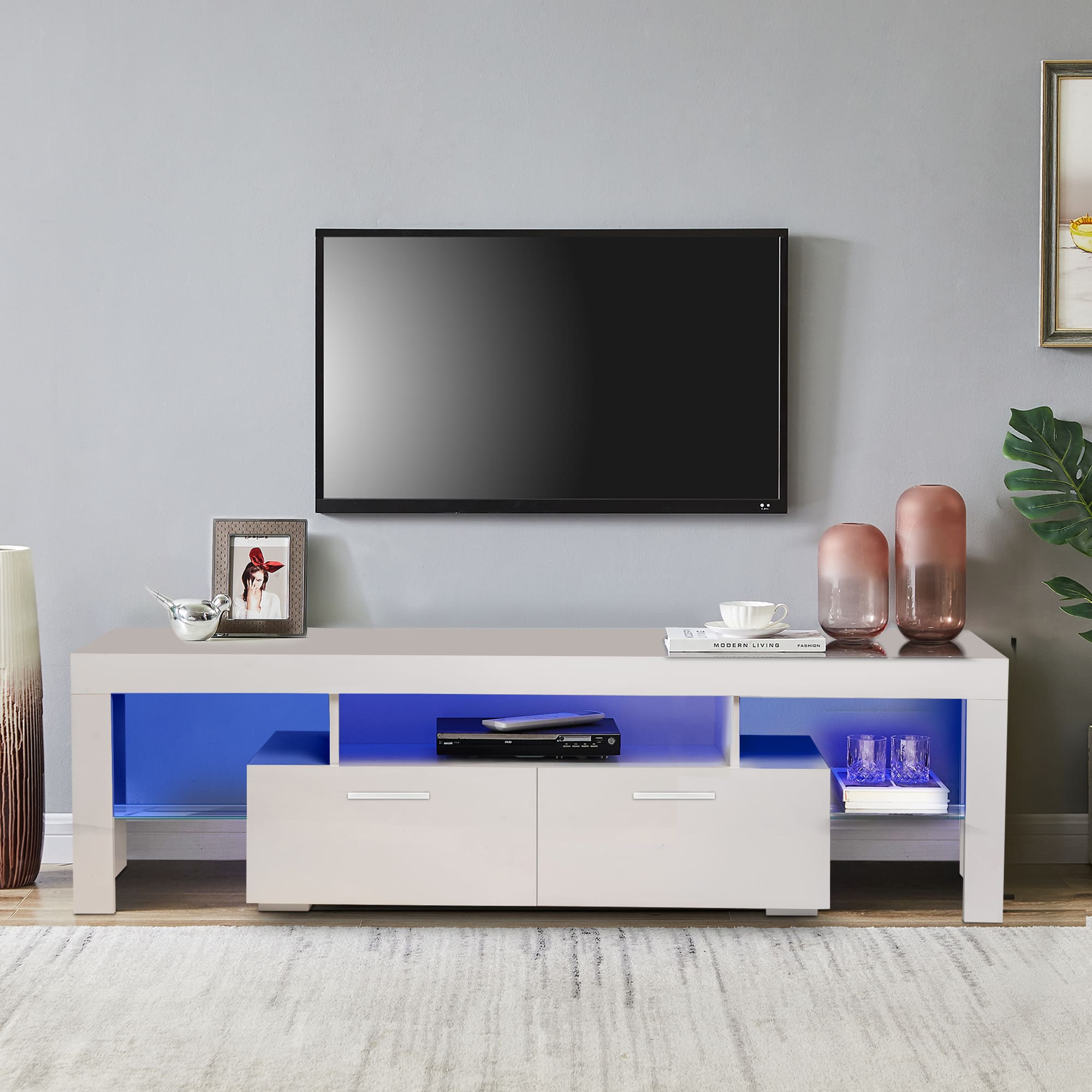Easy Assembly High Glossy Front TV Stand with Storage Drawers and LED Light - White_0