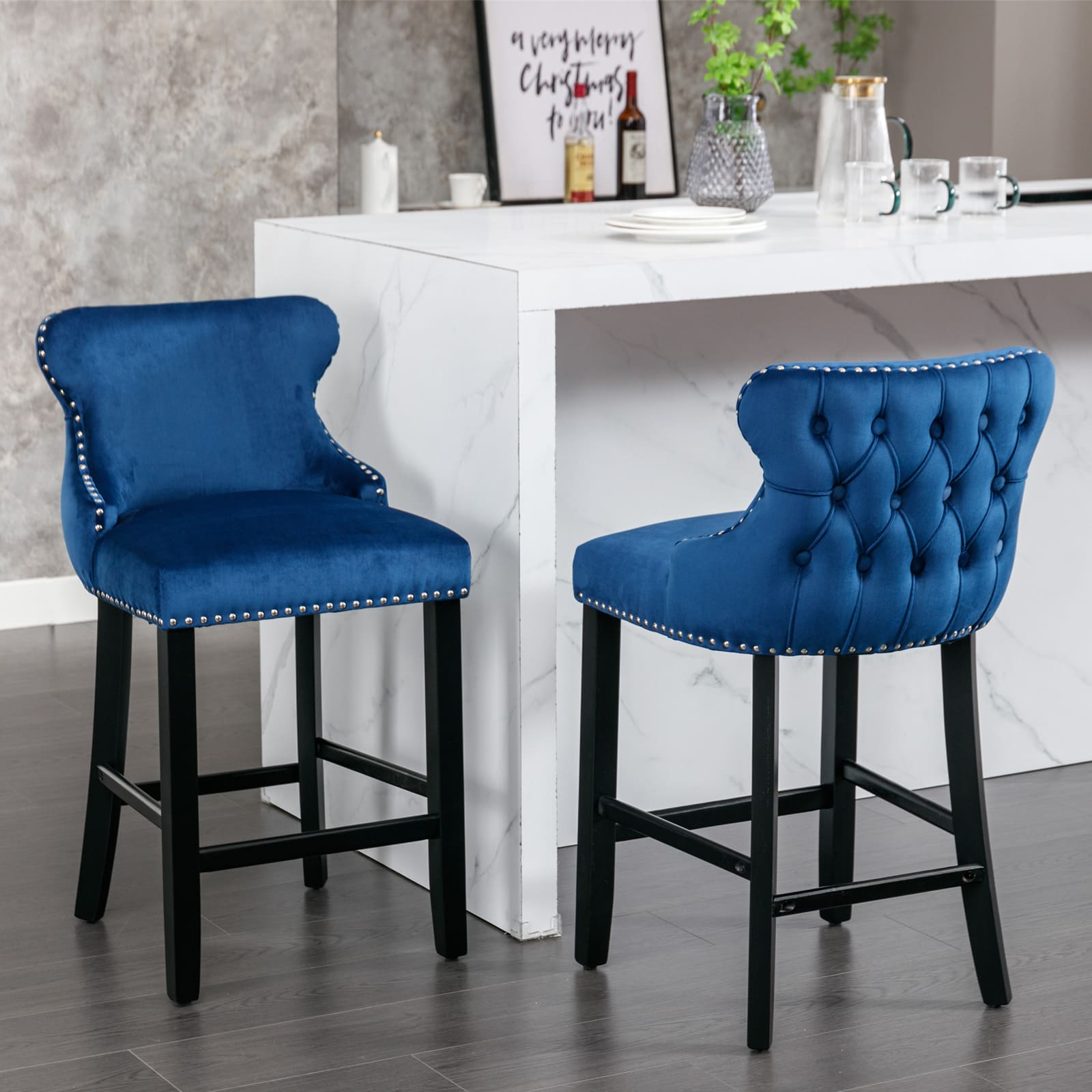 2pcs Chrome Accent Wingback Bar Stools Tufted Velvet with Nailhead and Black Legs- Blue_0