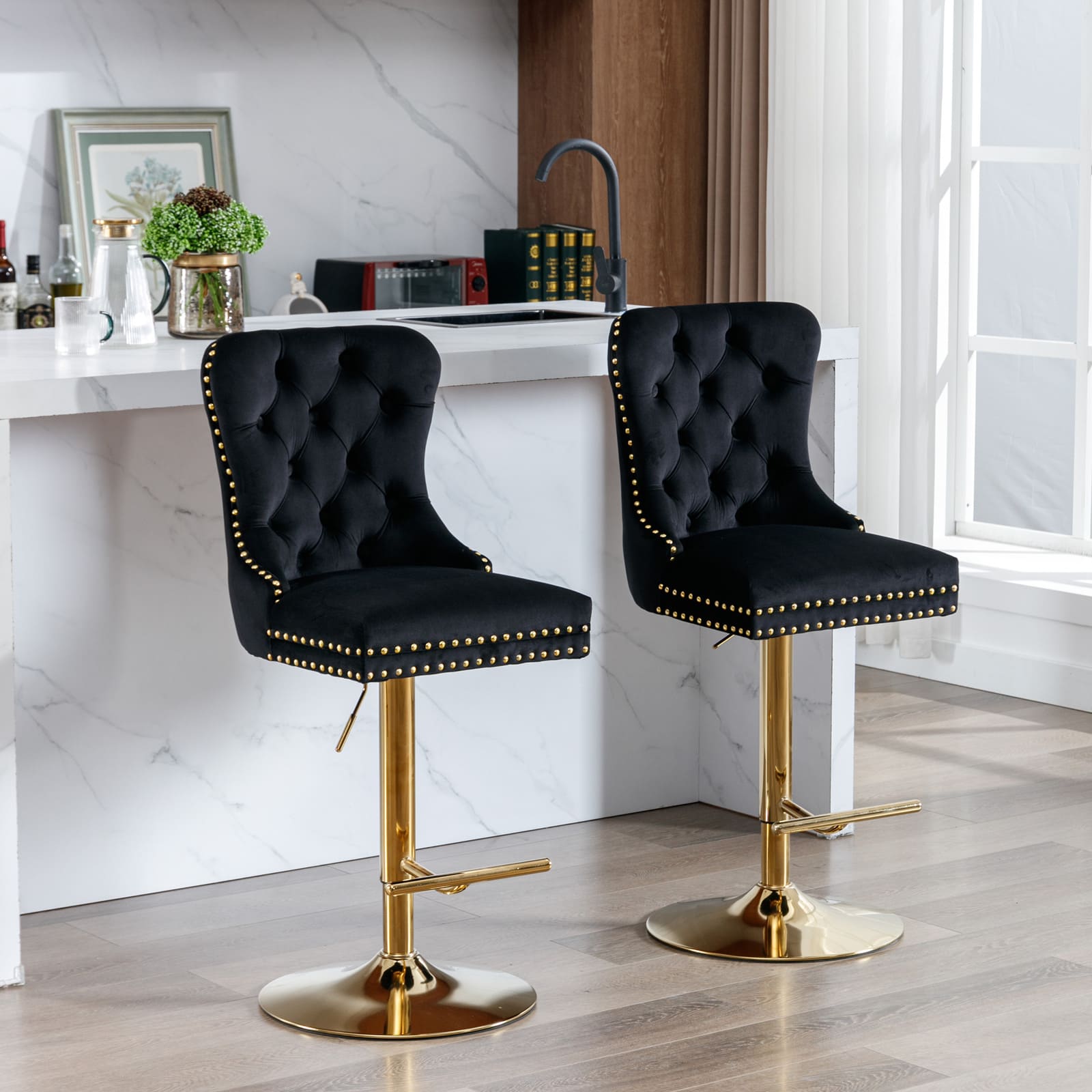 Set of 2 Height Adjustable Upholstered Tufted Velvet Armless Bar Stools with Gold Details- Black_1