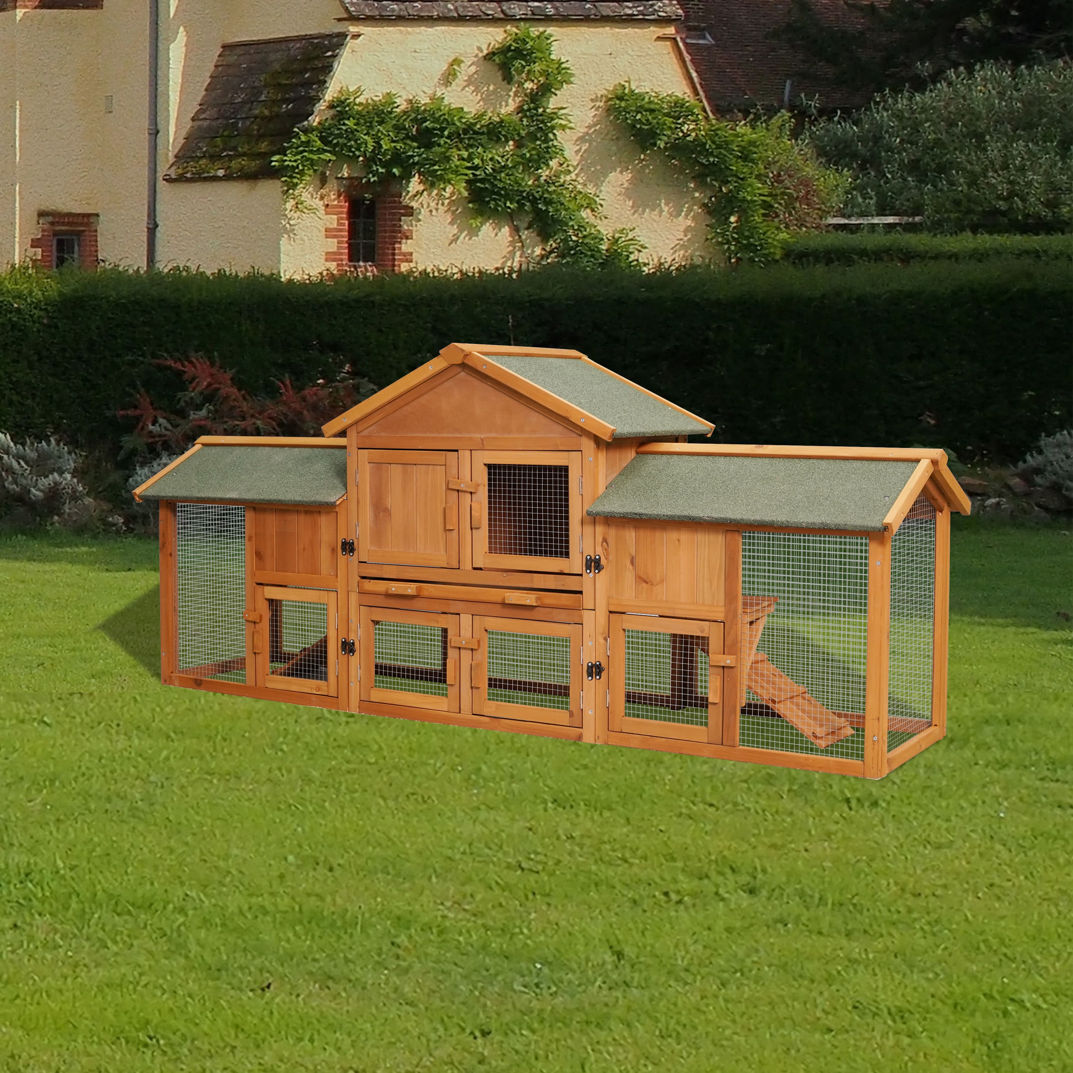 Double Storey Wooden Elevated Rabbit Hutch with Ramp and Mesh Runway_1