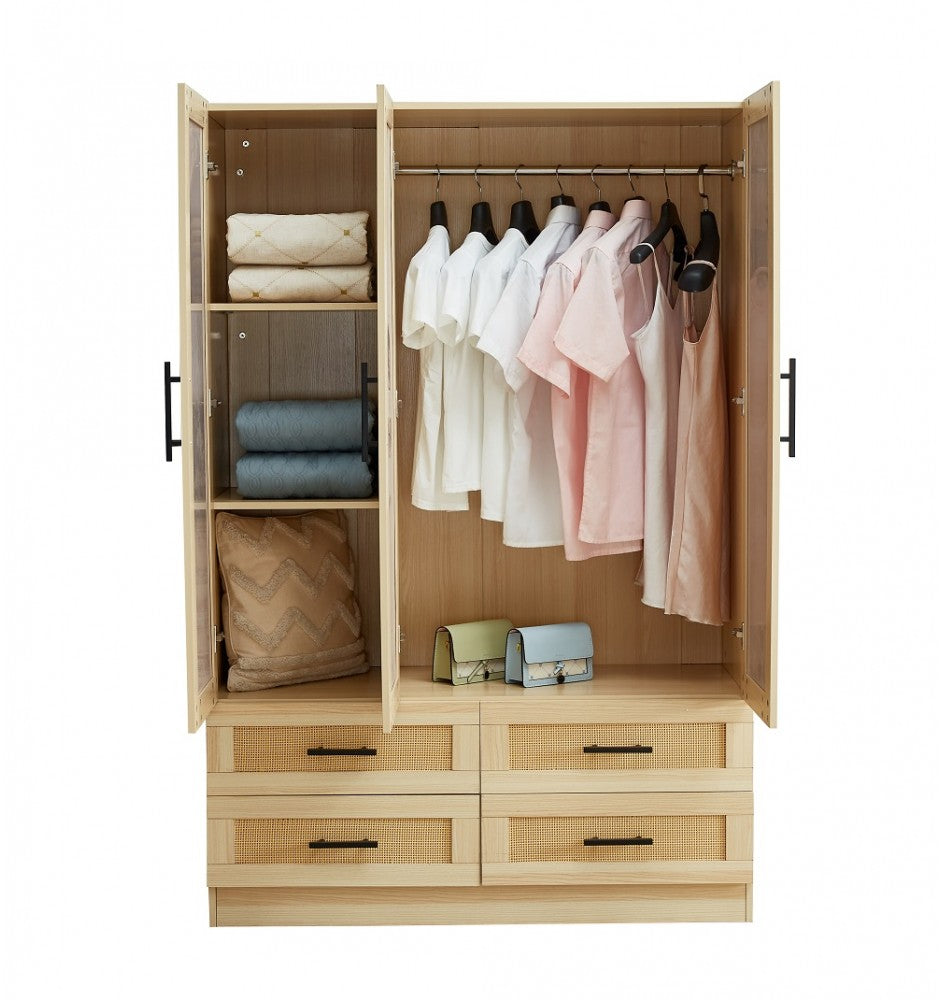 Rattan Wardrobe Closet with 3 Doors, 71H Armoire Wardrobe Closet with Mirror, Clothes Cabinet Closet Wardrobe for Bedroom, Wooden Wardrobe Cabinet with Hanging Rod, Rattan Bedroom Armoires