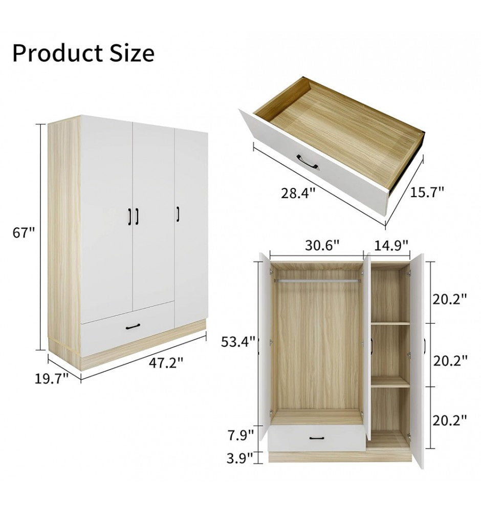 69 High Closet Drawers for Clothes Cabinet Closet Wardrobe for Bedroom, Bedroom Armoire Wardrobe Closet with Mirror, Wood Armoire Wardrobe Closet with 3 Door Wooden Wardrobe Closet White