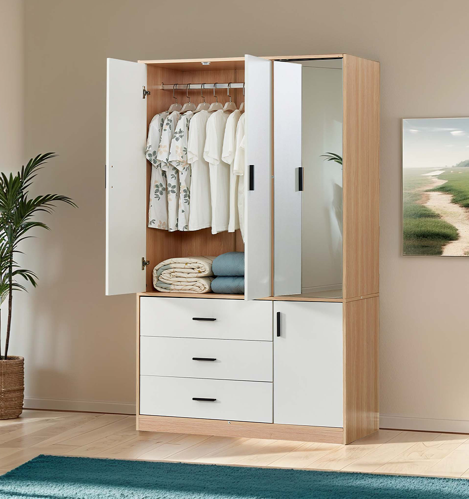 Mirror Armoire Wardrobe Closet 3 Doors, White Wooden Freestanding Wardrobe Closet, Armoire Bedroom Clothes Storage Wardrobe Cabinet with Hanging Rod Clothes Shelf Storage Organizer