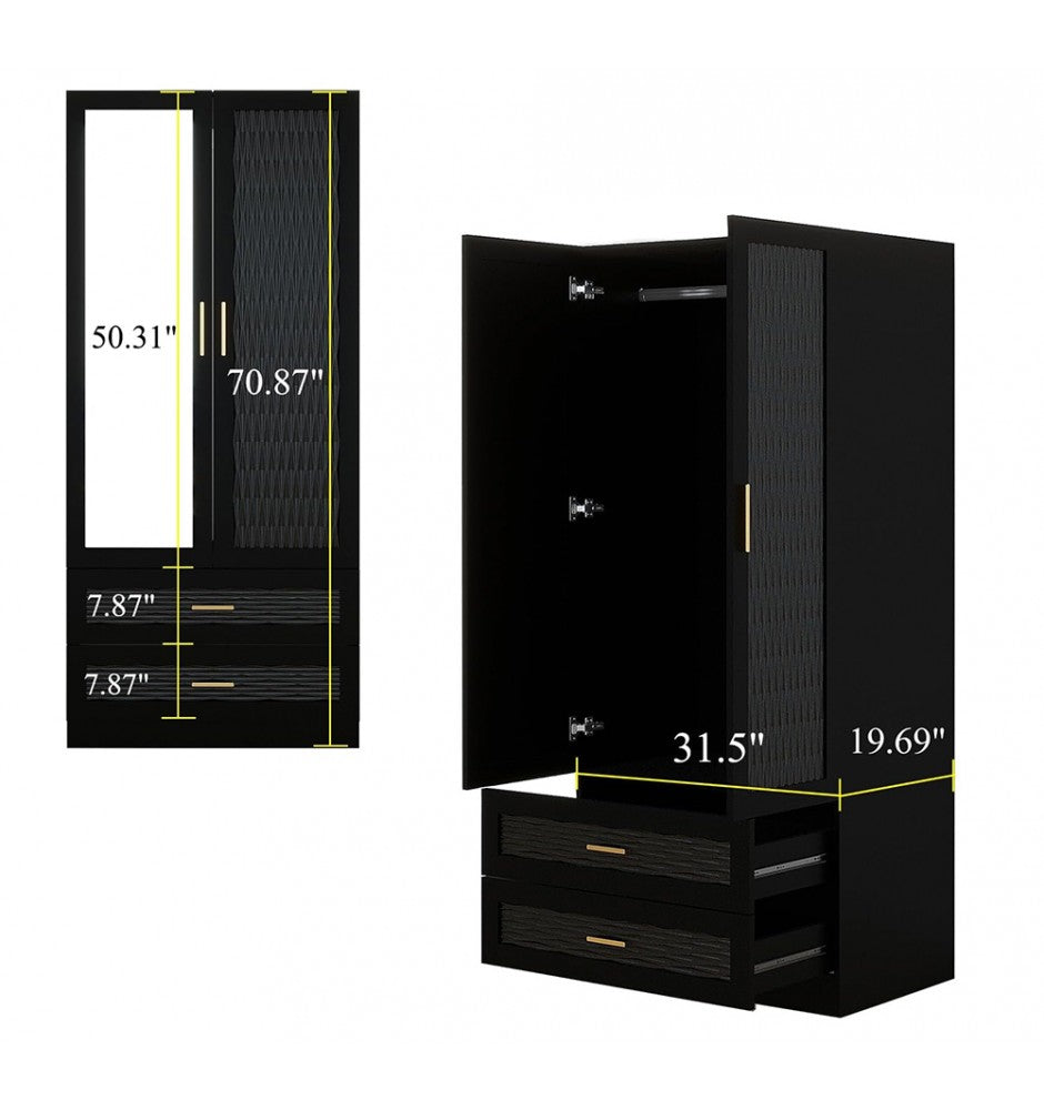Modern Wooden Closet Armoire Wardrobe with 2 Doors, Hanging Rod, 2 Drawers, Mirror, Shelving Large Capacity Clothes Storage Wardrobe for Bedroom Black