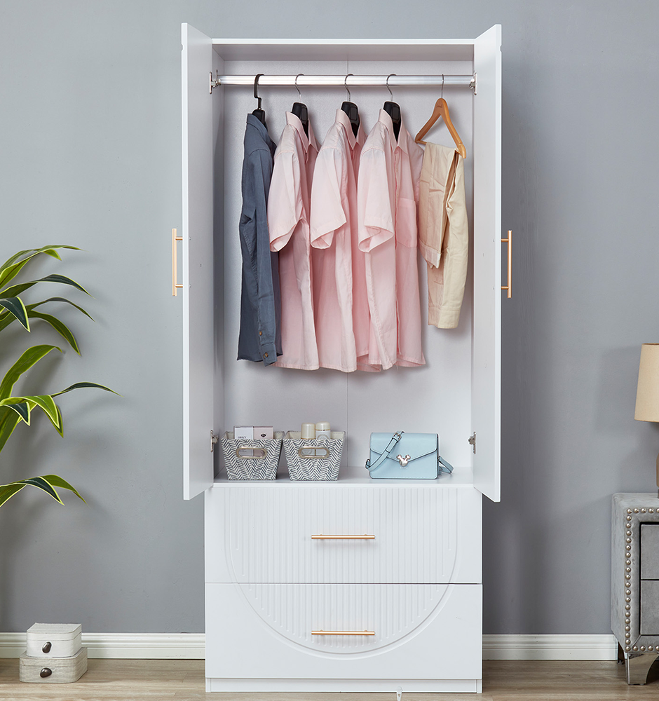 LivelyLodge 74.2 H White 2 Doors 2 Drawers Modern Wooden Armoire Wardrobe Bedroom Freestanding Closet Storage Cabinet Clothes Organizer Bathroom Storage with Hanging Rod Wardrobe Closet