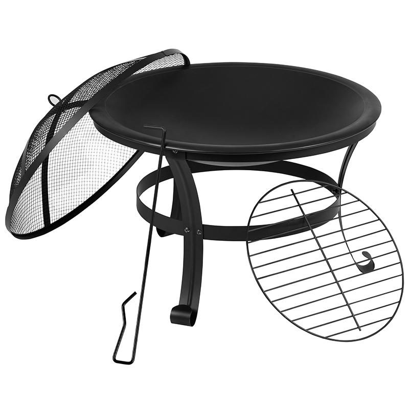 22" Round Wood Burning Firepit with Mesh Spark Screen and Poker