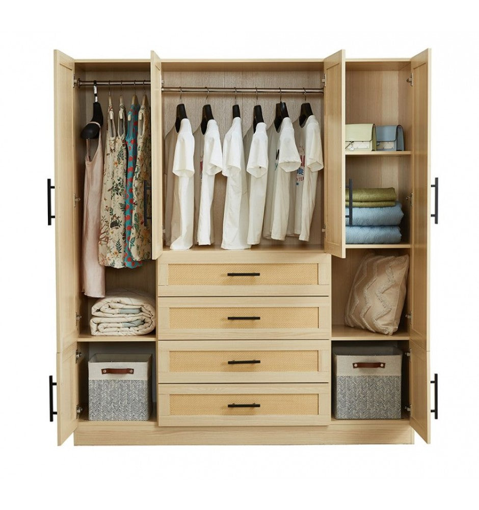 Natural Rattan Armoire Wardrobe Closet Wood with 4 Doors 4 Drawers 2 Mirrors Hanging Rod and Shelves Large Clothes Storage Cabinet for Bedroom Pantry 62.99W x 18.9D x 70.86H