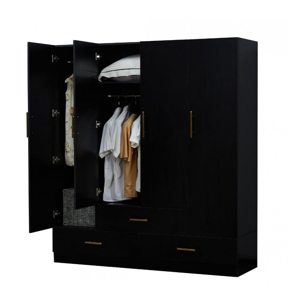 Armoire Wardrobe Closet & Cabinet with Mirror - 4 Door Wooden Armoire Wardrobe for Large Capacity Clothes Storage with Shelves and Hanging Rail, Black