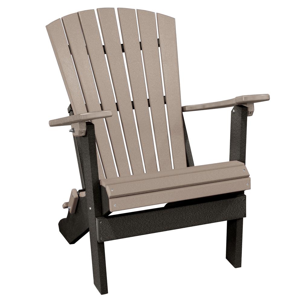 OS Home and Office Model 519WWBK Fan Back Folding Adirondack Chair in Weatherwood with a Black Base, Made in the USA