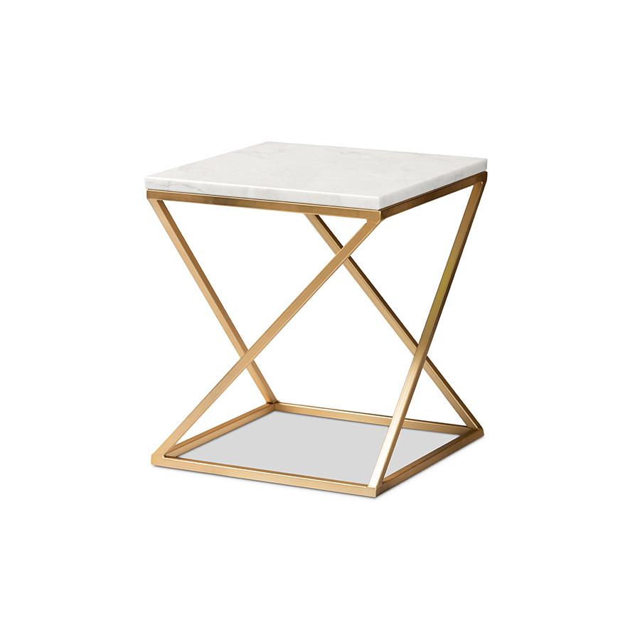 Gold Finished Metal End Table with Marble Tabletop