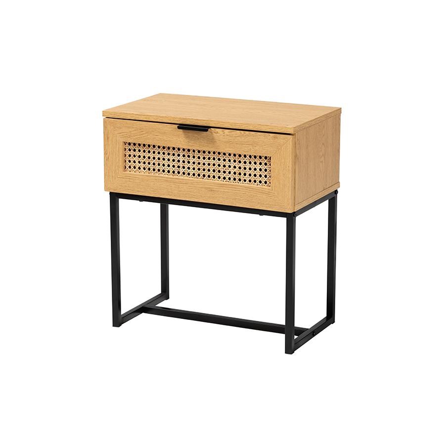 Black Metal 1-Drawer End Table with Natural Rattan