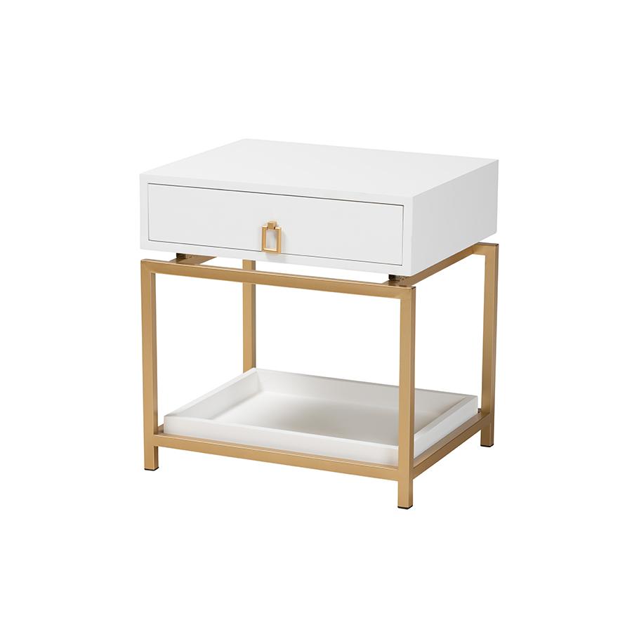 Glam and Luxe White Finished Wood and Gold Metal 1-Drawer End Table