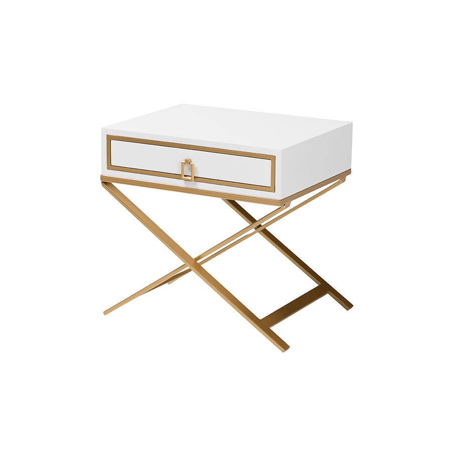 Glam and Luxe White Finished Wood and Gold Metal 1-Drawer End Table