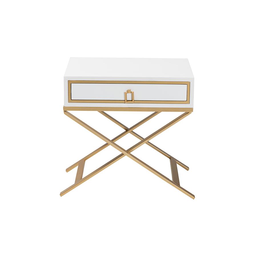 Glam and Luxe White Finished Wood and Gold Metal 1-Drawer End Table