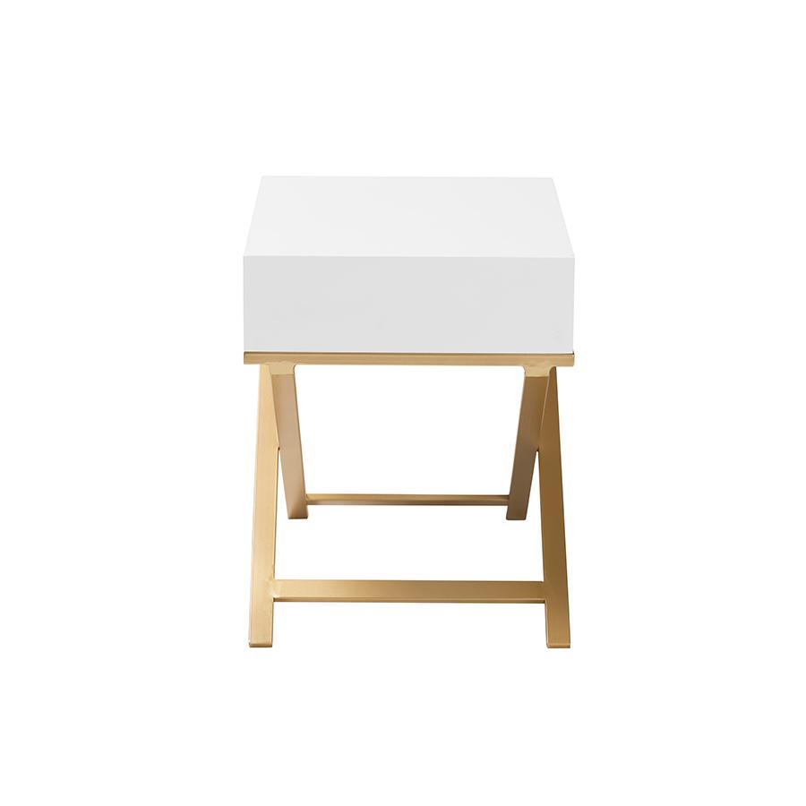 Glam and Luxe White Finished Wood and Gold Metal 1-Drawer End Table
