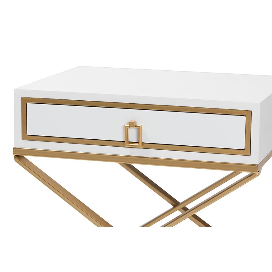 Glam and Luxe White Finished Wood and Gold Metal 1-Drawer End Table