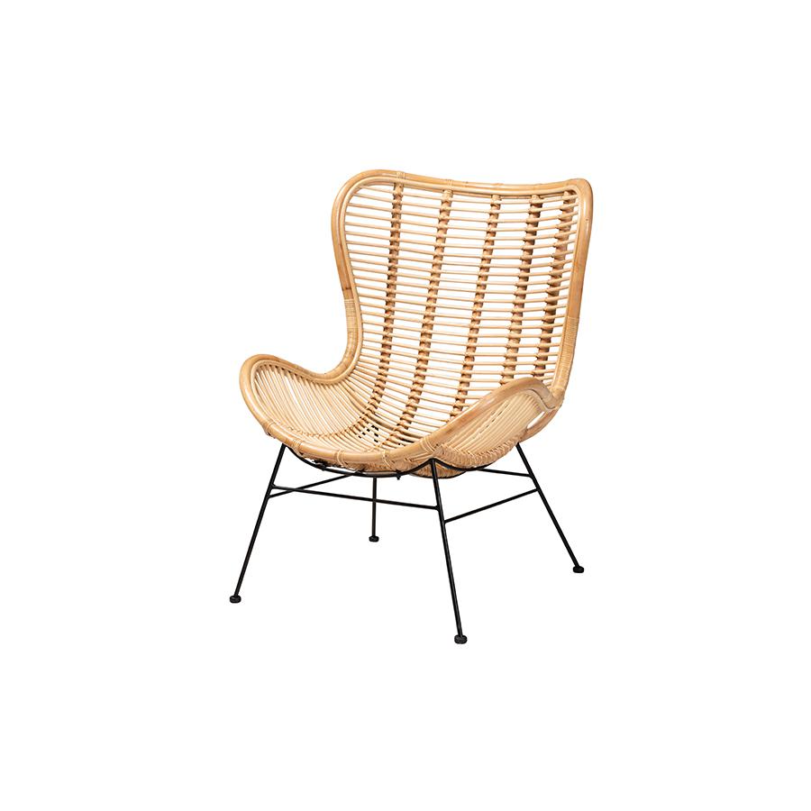 Bohemian Natural Brown Rattan and Black Metal Accent Chair