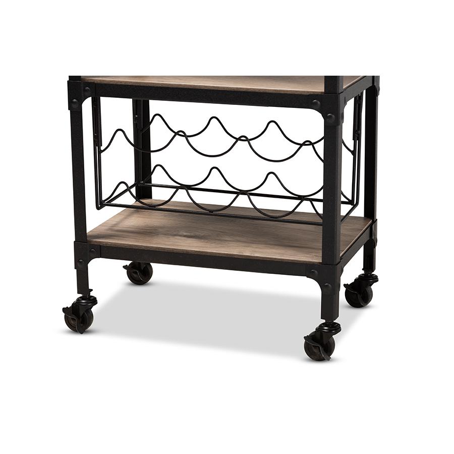 Textured Metal Distressed Oak Finished Wood Mobile Kitchen Bar Wine Cart