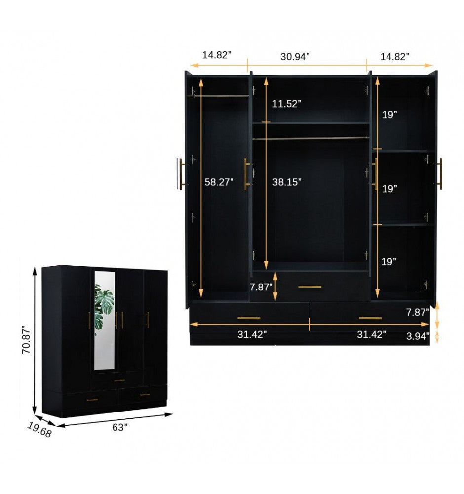 Armoire Wardrobe Closet & Cabinet with Mirror - 4 Door Wooden Armoire Wardrobe for Large Capacity Clothes Storage with Shelves and Hanging Rail, Black
