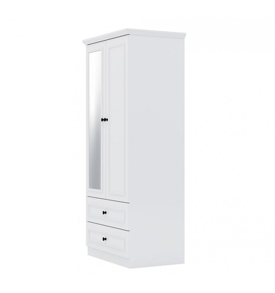 Wooden Armoire Wardrobe Closet: White Wardrobe Closet with 2 Doors, 2 Hanging Rods, 2 Drawers, Mirror and Shelves Large Capacity Clothes Storage Cabinet Tall Wardrobe for Bedroom