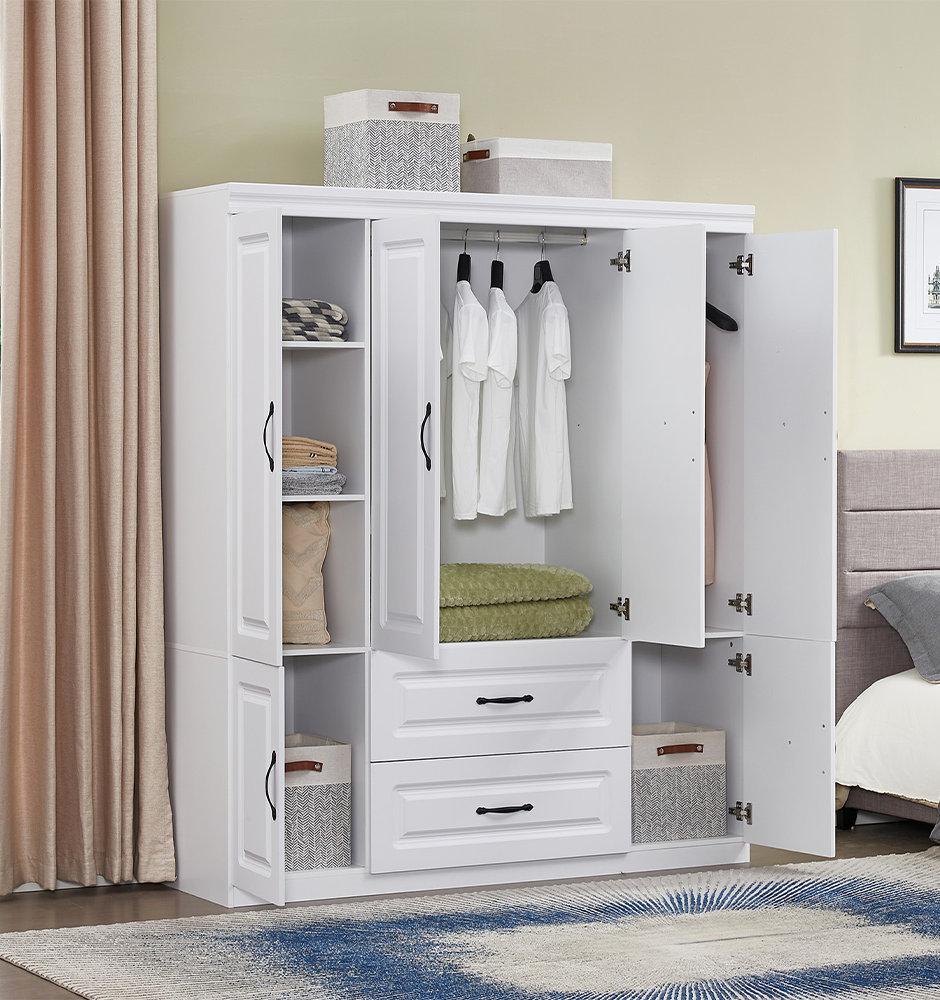 LivelyLodge 74 H Closet 4 Doors White Wooden Armoire Wardrobe Closet Freestanding Clothes Storage Closet Bedroom Armoires Wood Wardrobe Storage Closet Cabinet with Hanging Rod Shelf 2 Drawers