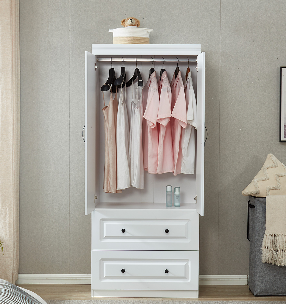 LivelyLodge 74H Wardrobe Closet with 2 Doors White Armoire Wardrobe Closet Clothes Storage Closets Cabinet Wooden Bedroom Armoires Large Closet with Hanging Rod 2 Drawers Clothes Cabinet