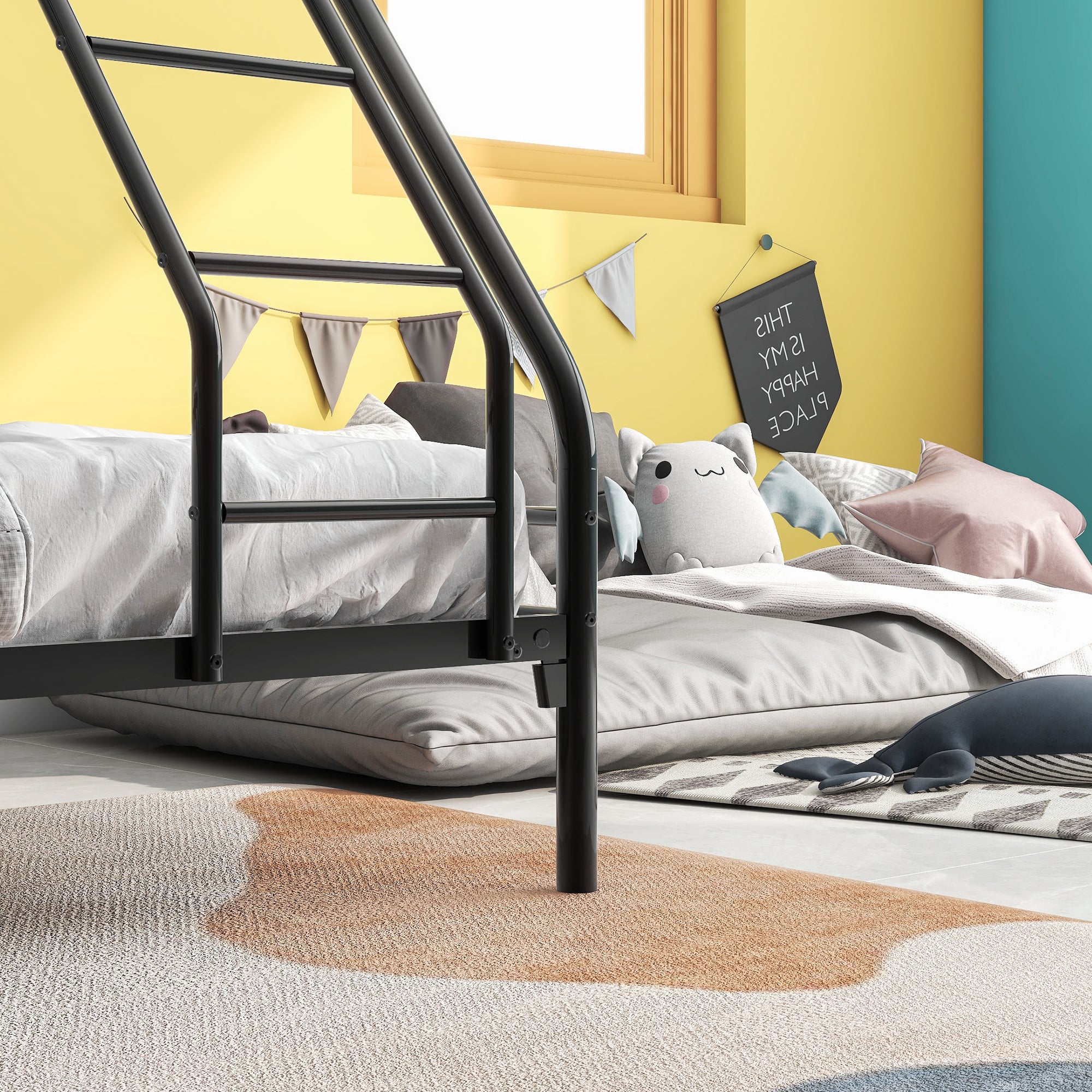 Heavy Duty Full Metal Easy Assembly Bunk Bed Frame with Guardrail and Stairs