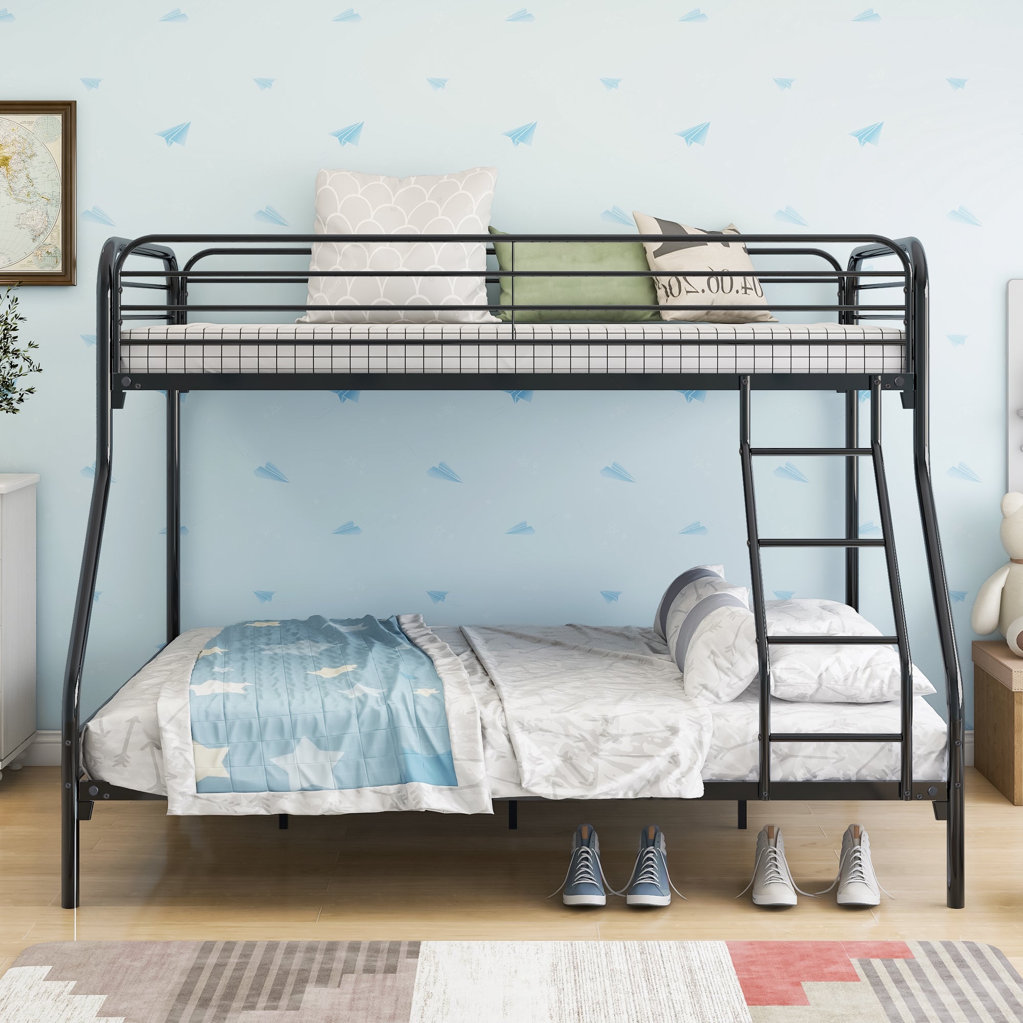 Heavy Duty Full Metal Easy Assembly Bunk Bed Frame with Guardrail and Stairs