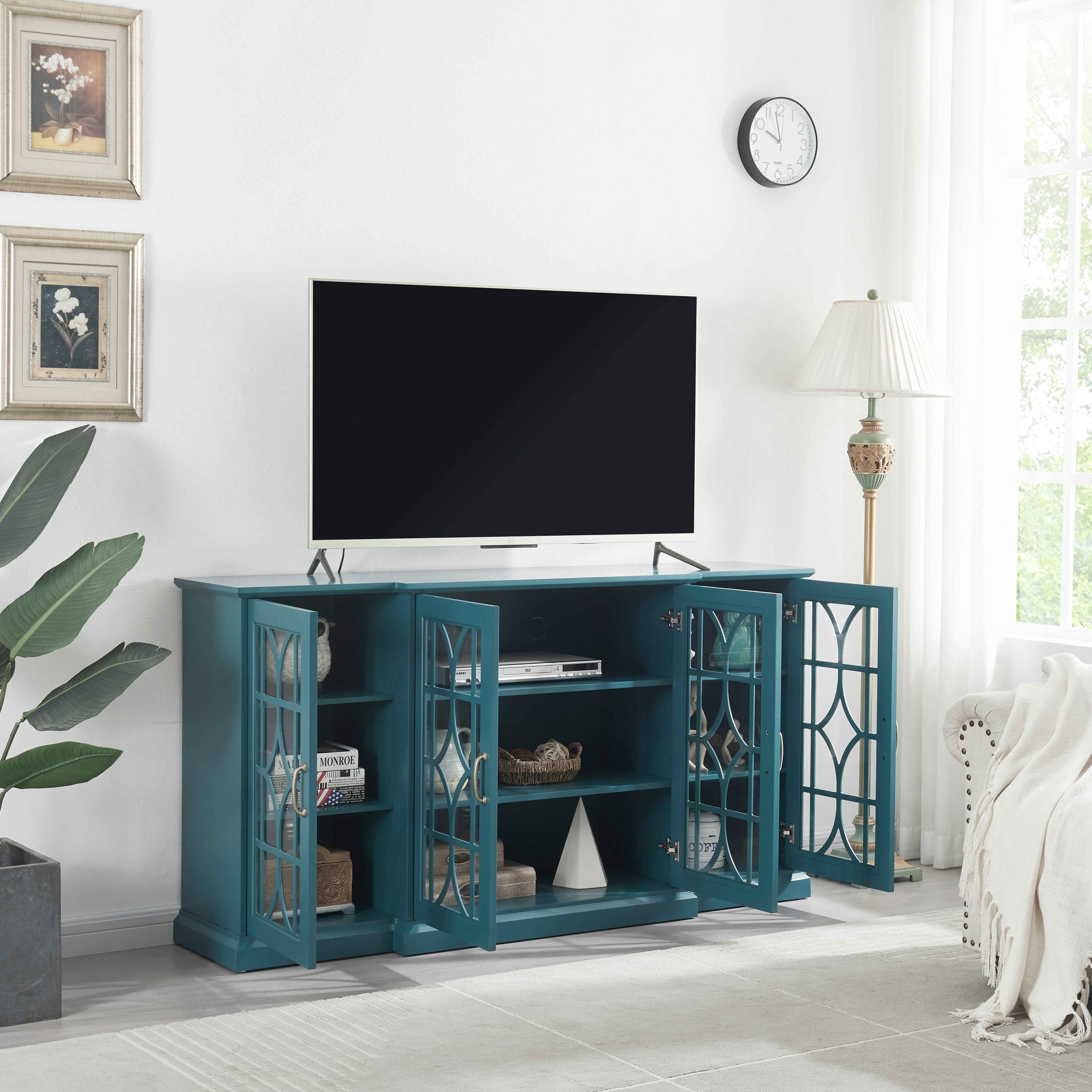 63" TV Stand Storage Buffet Cabinet Sideboard in Teal Blue