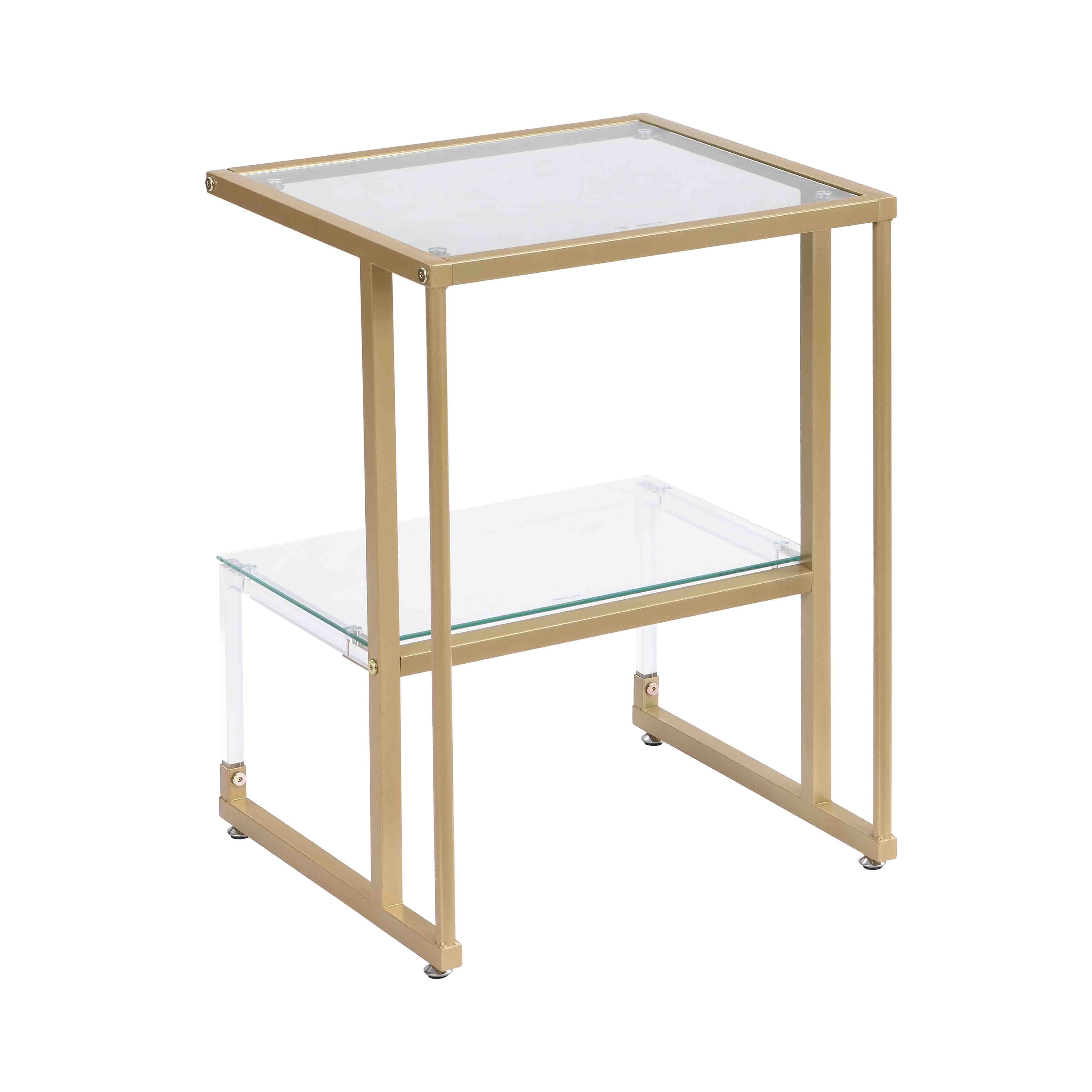 2-Tier Acrylic Glass End Table with Golden Side for Living Room