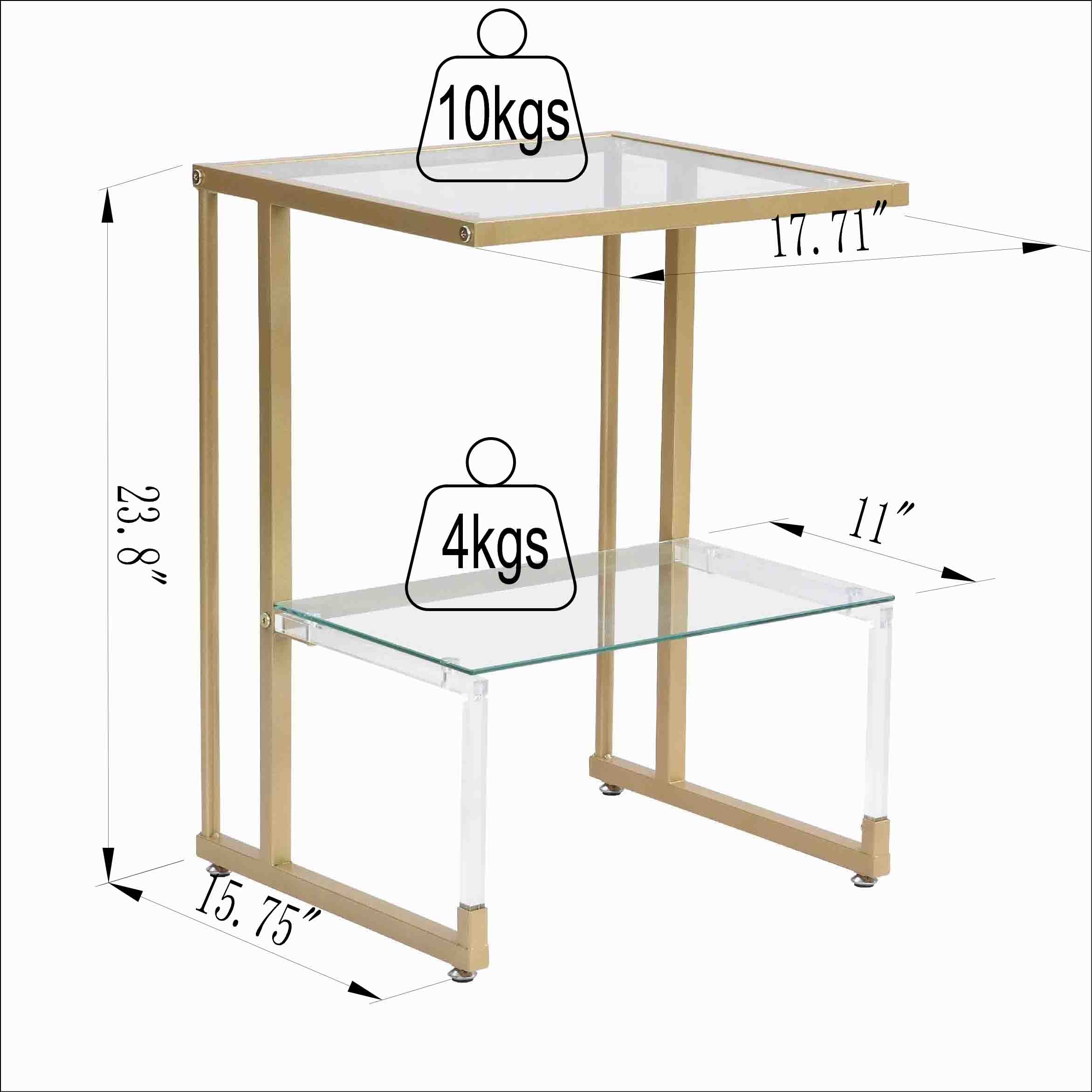 2-Tier Acrylic Glass End Table with Golden Side for Living Room