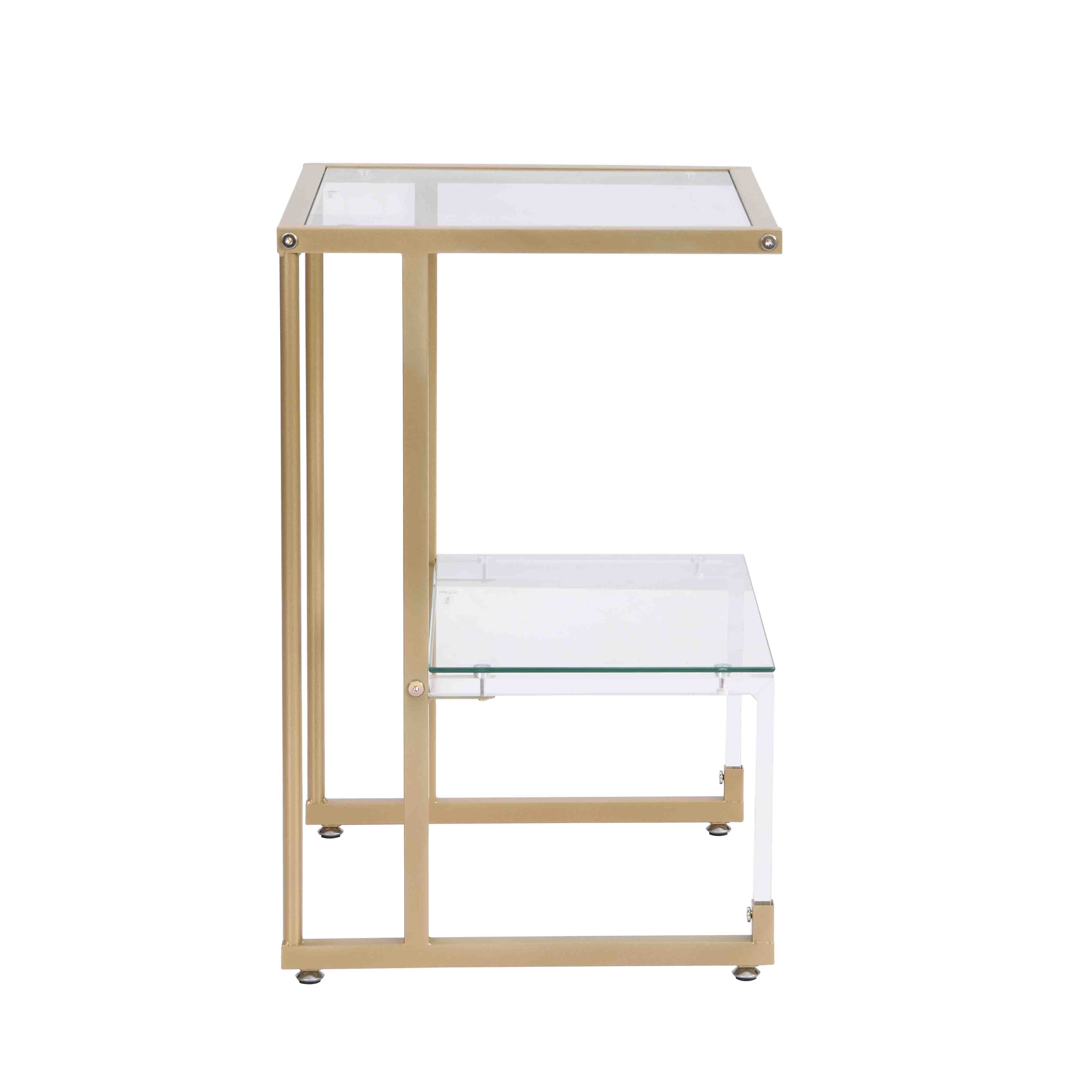 2-Tier Acrylic Glass End Table with Golden Side for Living Room