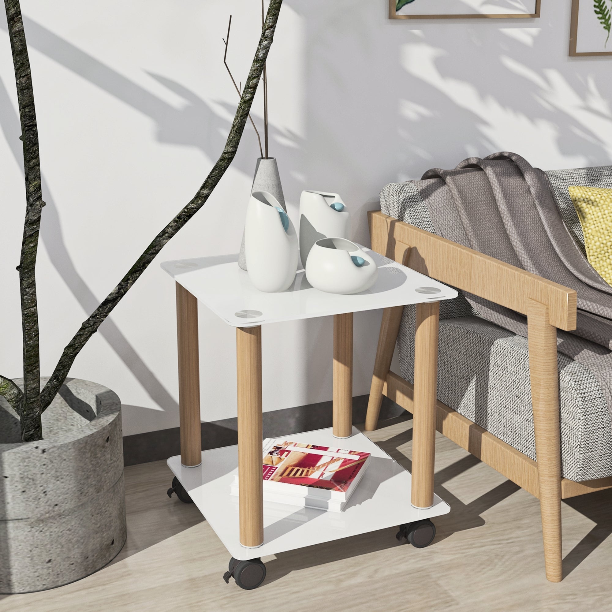 2 Tiers Space Saving End Table Modern Design Night Stand with Storage Shelve- White+Oak