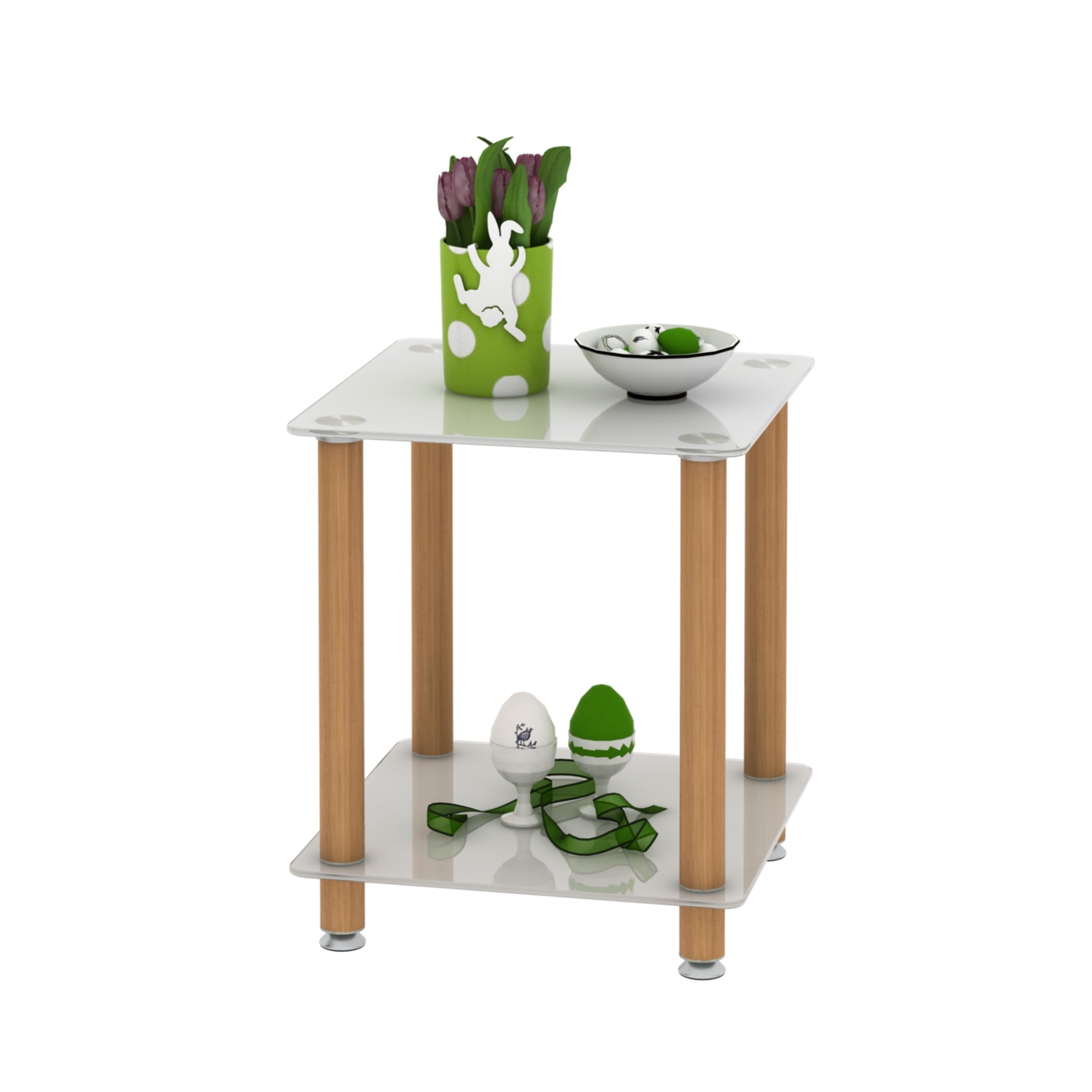 2 Tiers Space Saving End Table Modern Design Night Stand with Storage Shelve- White+Oak