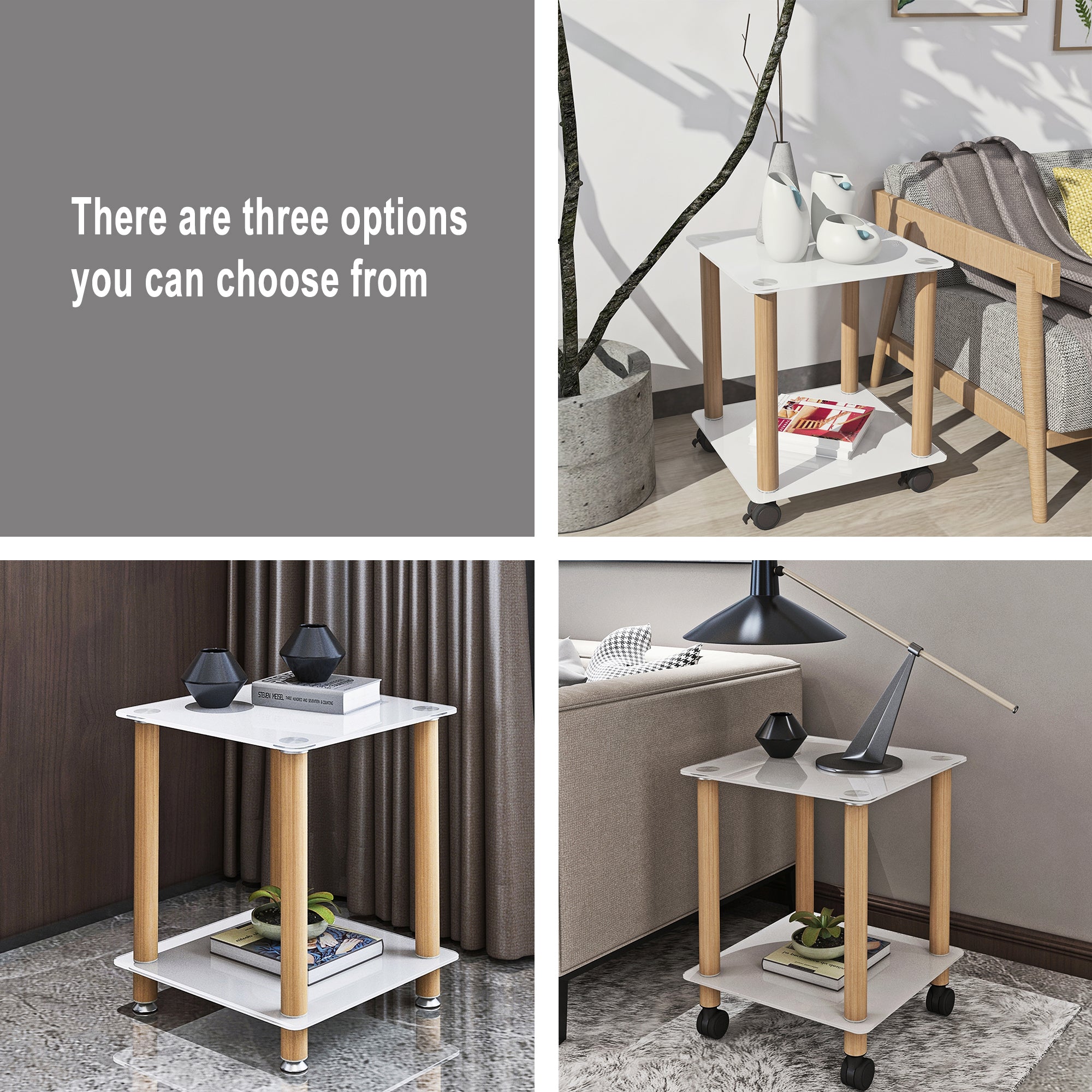 2 Tiers Space Saving End Table Modern Design Night Stand with Storage Shelve- White+Oak