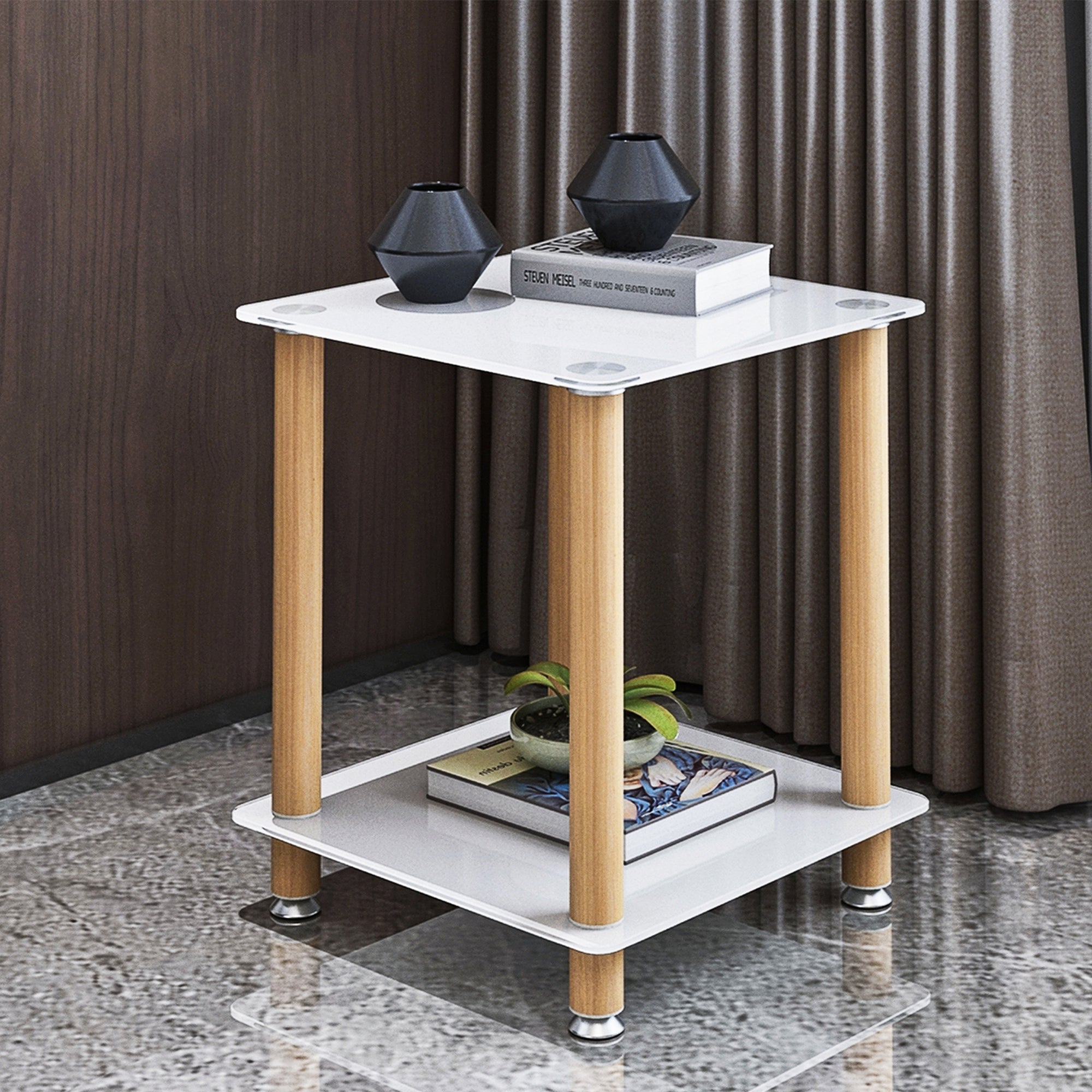 2 Tiers Space Saving End Table Modern Design Night Stand with Storage Shelve- White+Oak
