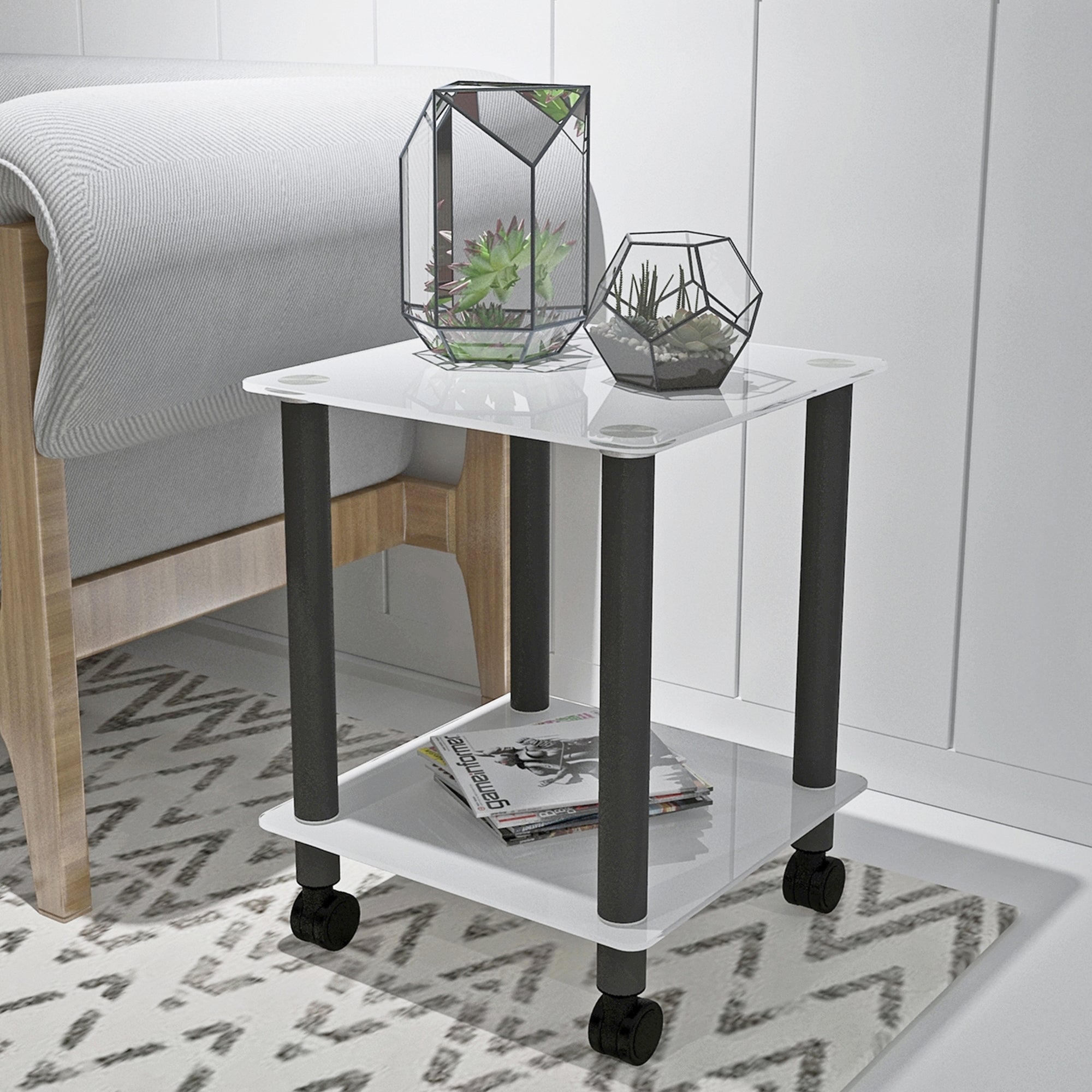 2 Tiers Space Saving End Table Modern Design Night Stand with Storage Shelve- White+Black