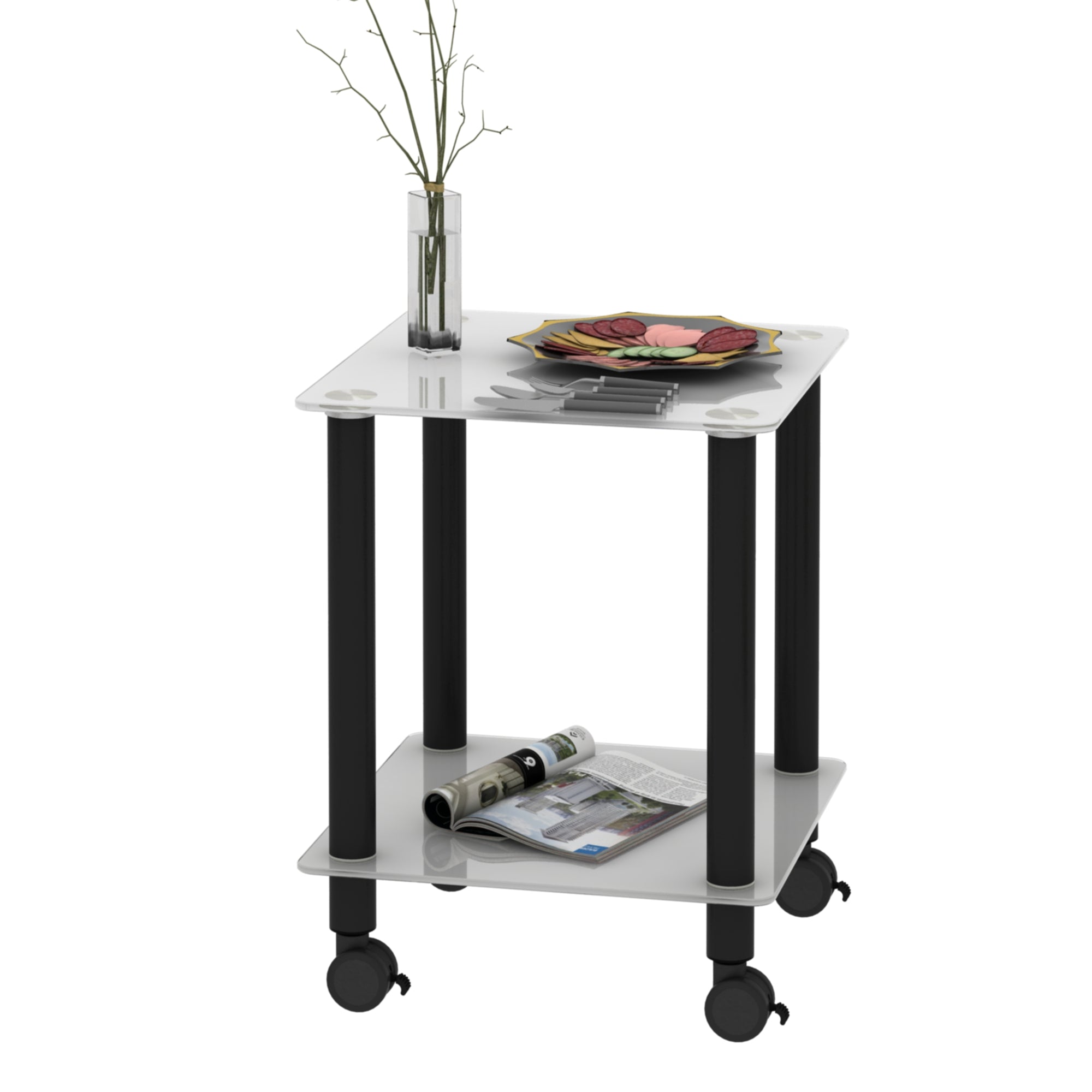 2 Tiers Space Saving End Table Modern Design Night Stand with Storage Shelve- White+Black