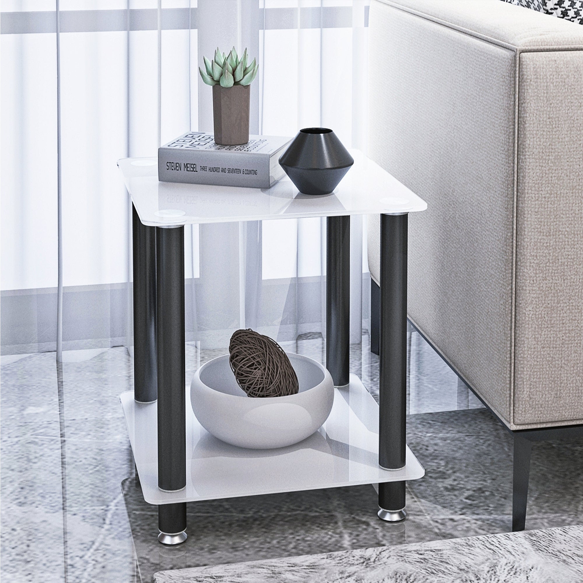 2 Tiers Space Saving End Table Modern Design Night Stand with Storage Shelve- White+Black
