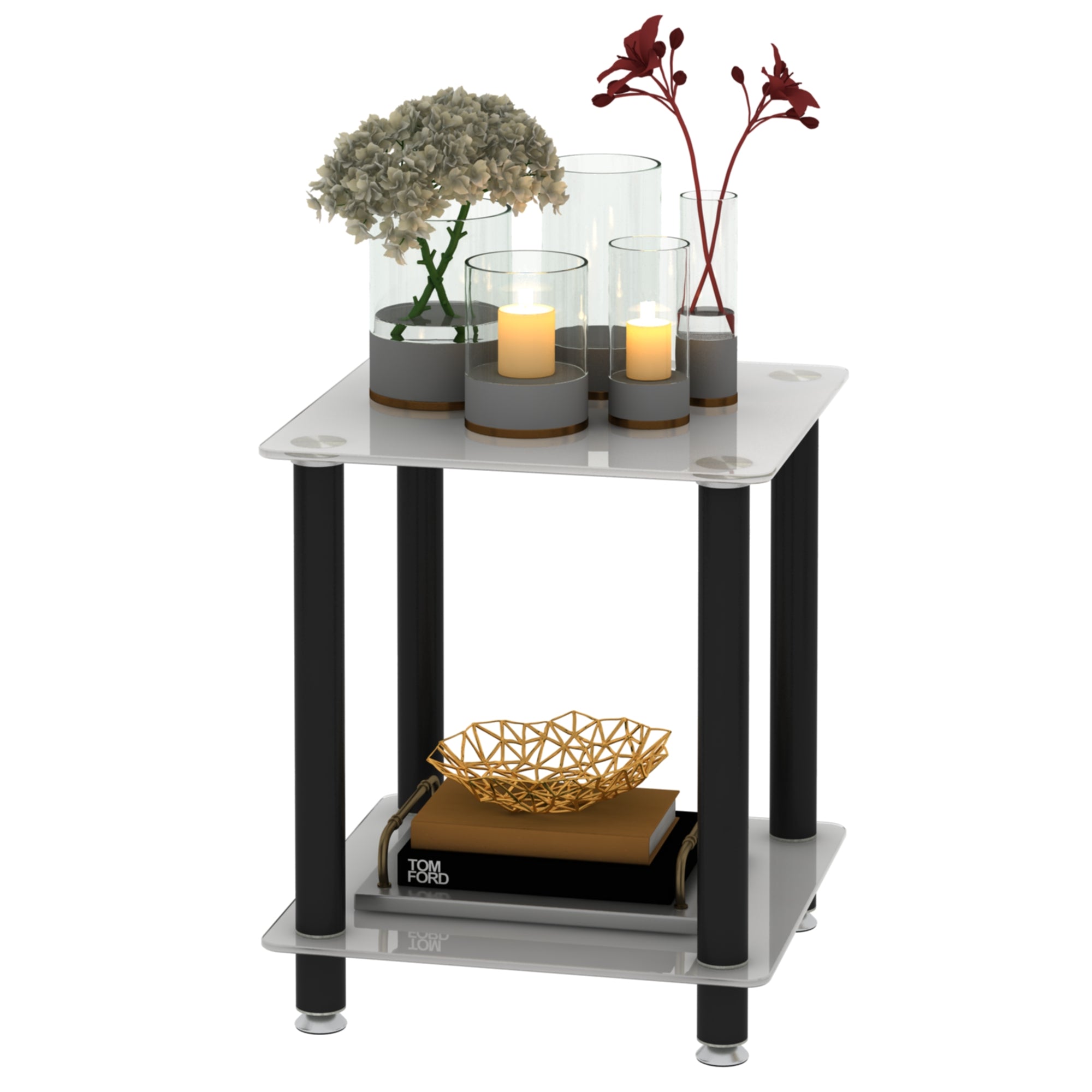 2 Tiers Space Saving End Table Modern Design Night Stand with Storage Shelve- White+Black