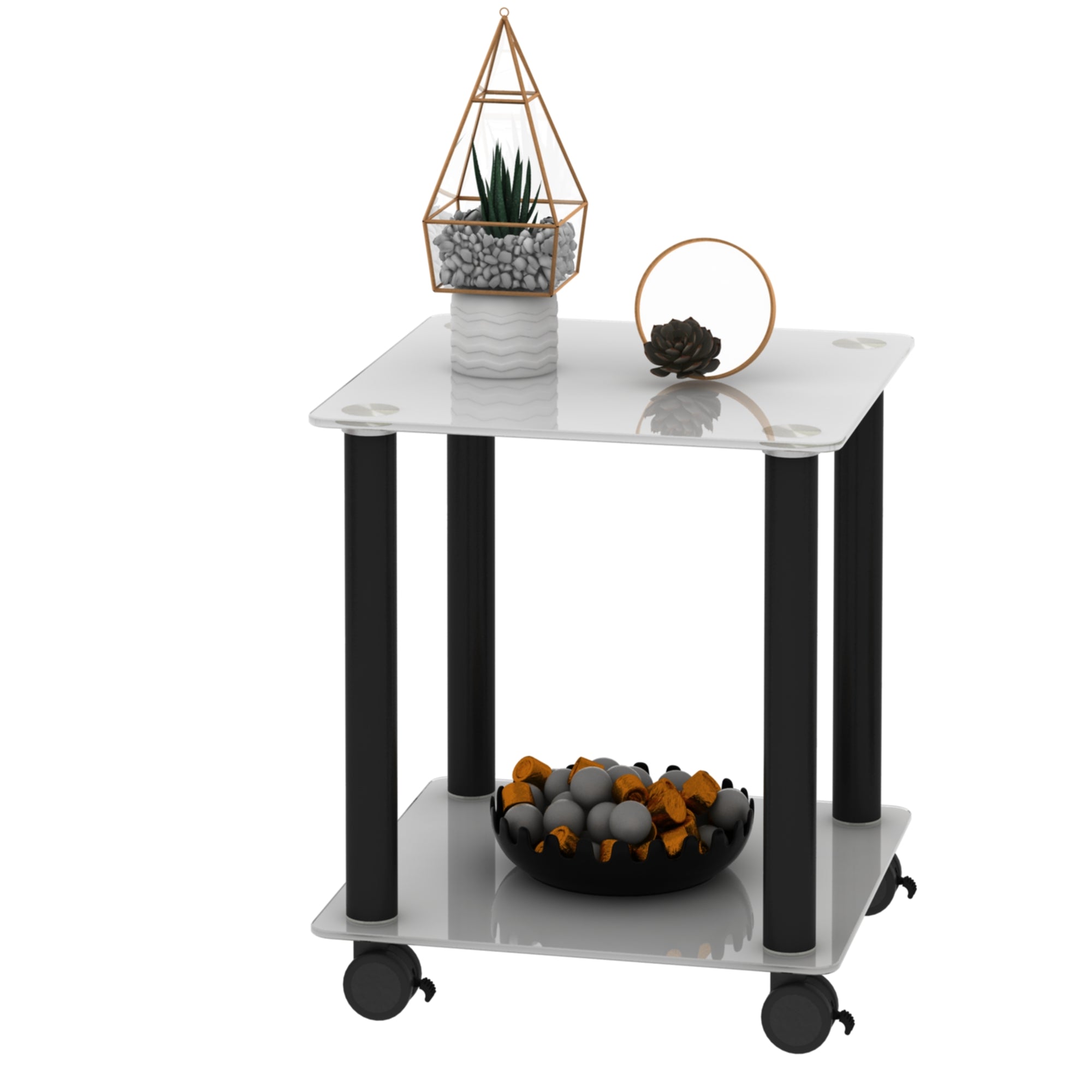 2 Tiers Space Saving End Table Modern Design Night Stand with Storage Shelve- White+Black