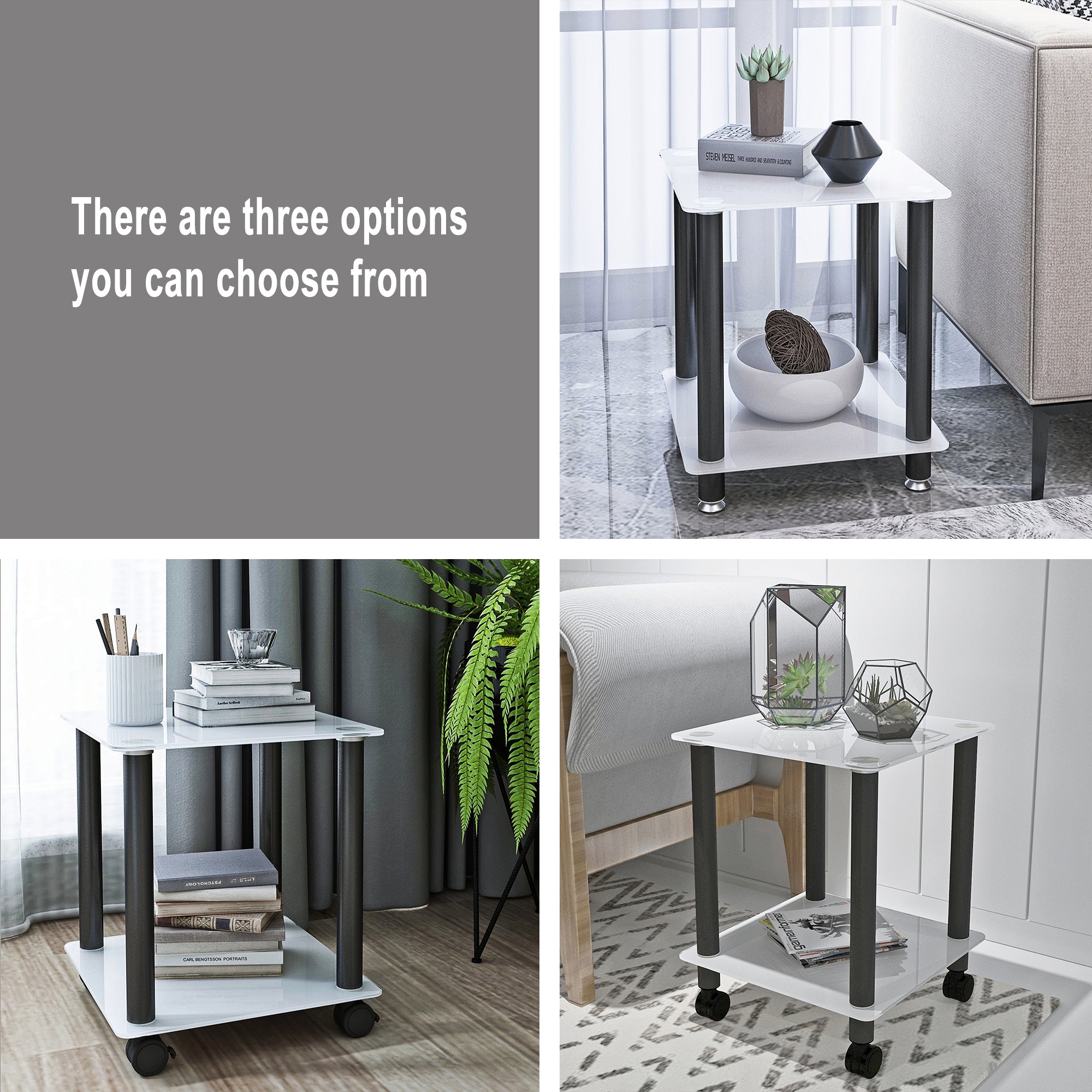 2 Tiers Space Saving End Table Modern Design Night Stand with Storage Shelve- White+Black