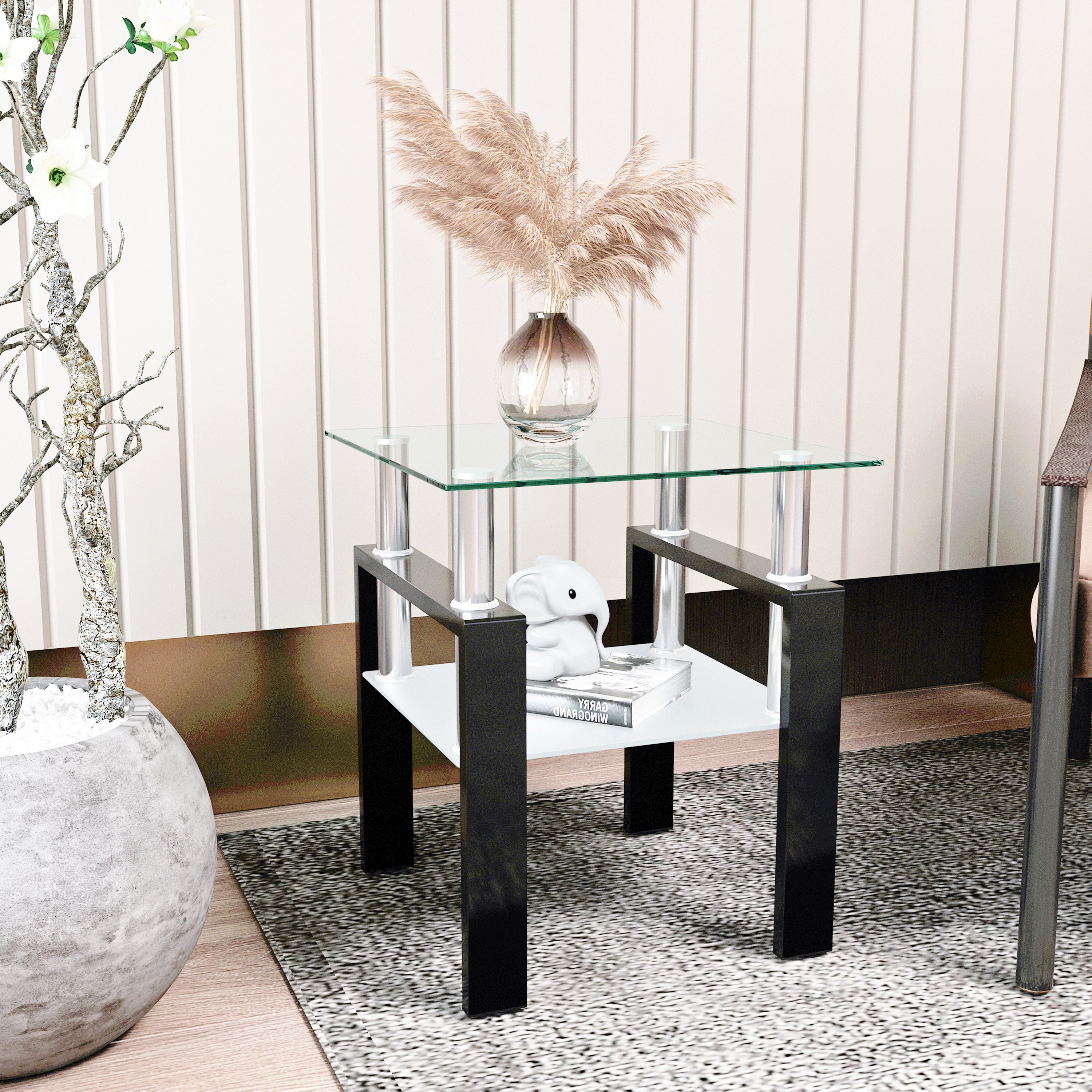 Tempered Glass Bedside Corner Coffee Table Contemporary End Table in Black