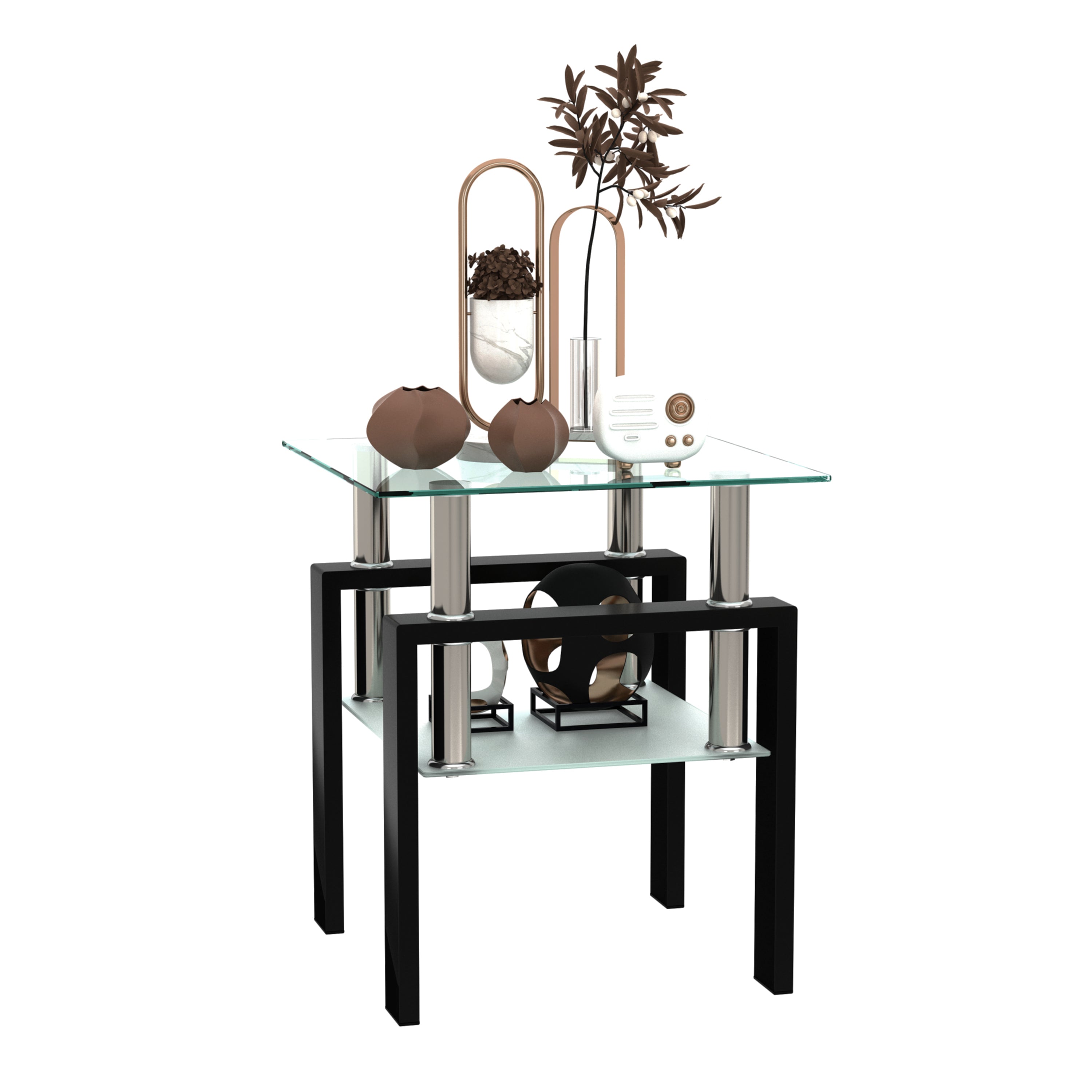 Tempered Glass Bedside Corner Coffee Table Contemporary End Table in Black