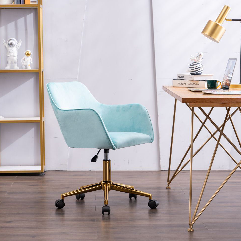 360° Revolving Modern Design Velvet Home and Office Chair with Metal Legs- Light Blue
